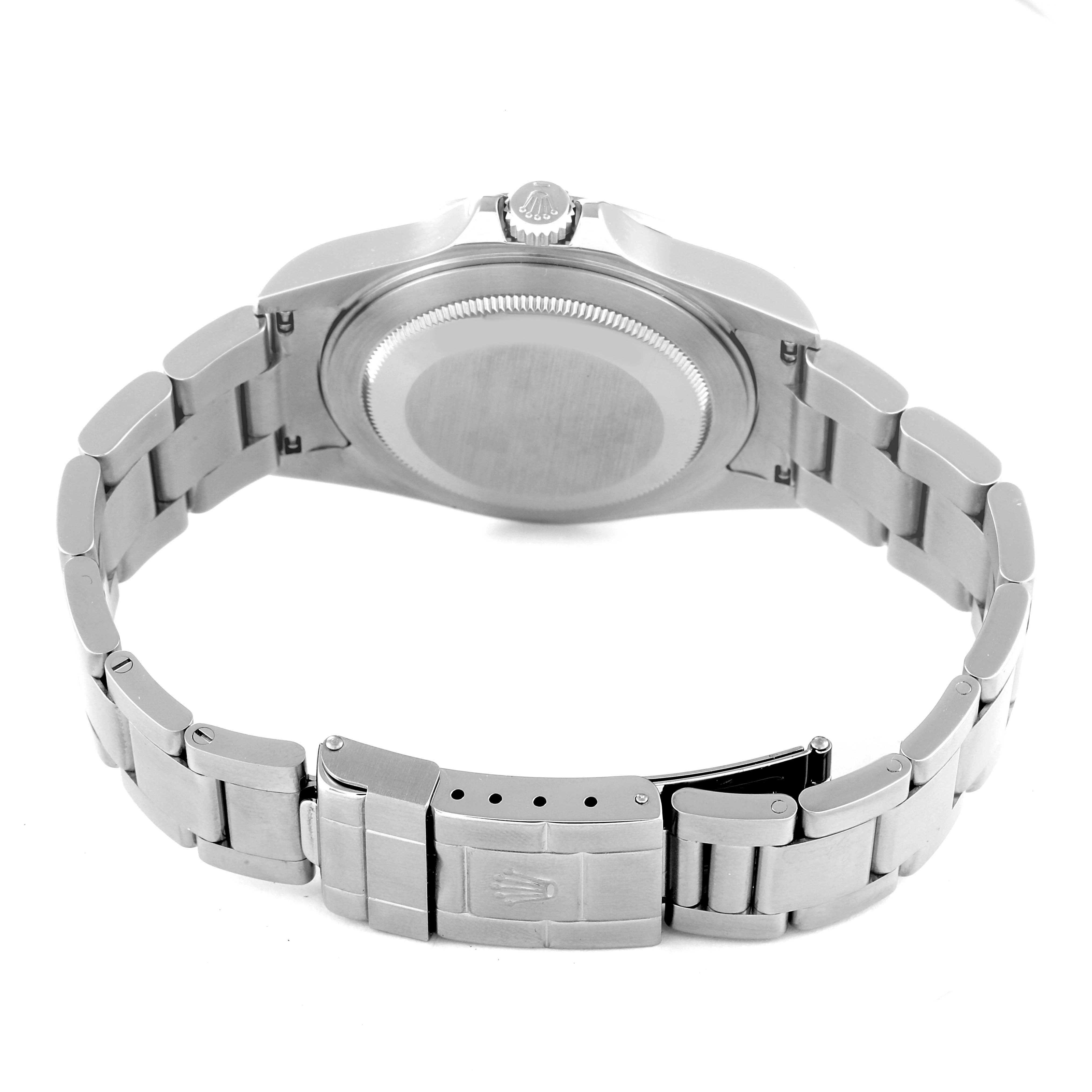 This image shows the back case, bracelet, and clasp of a Rolex Explorer 16570 Men's Stainless Steel White Dial 16570 Men's Stainless Steel White Dial watch.