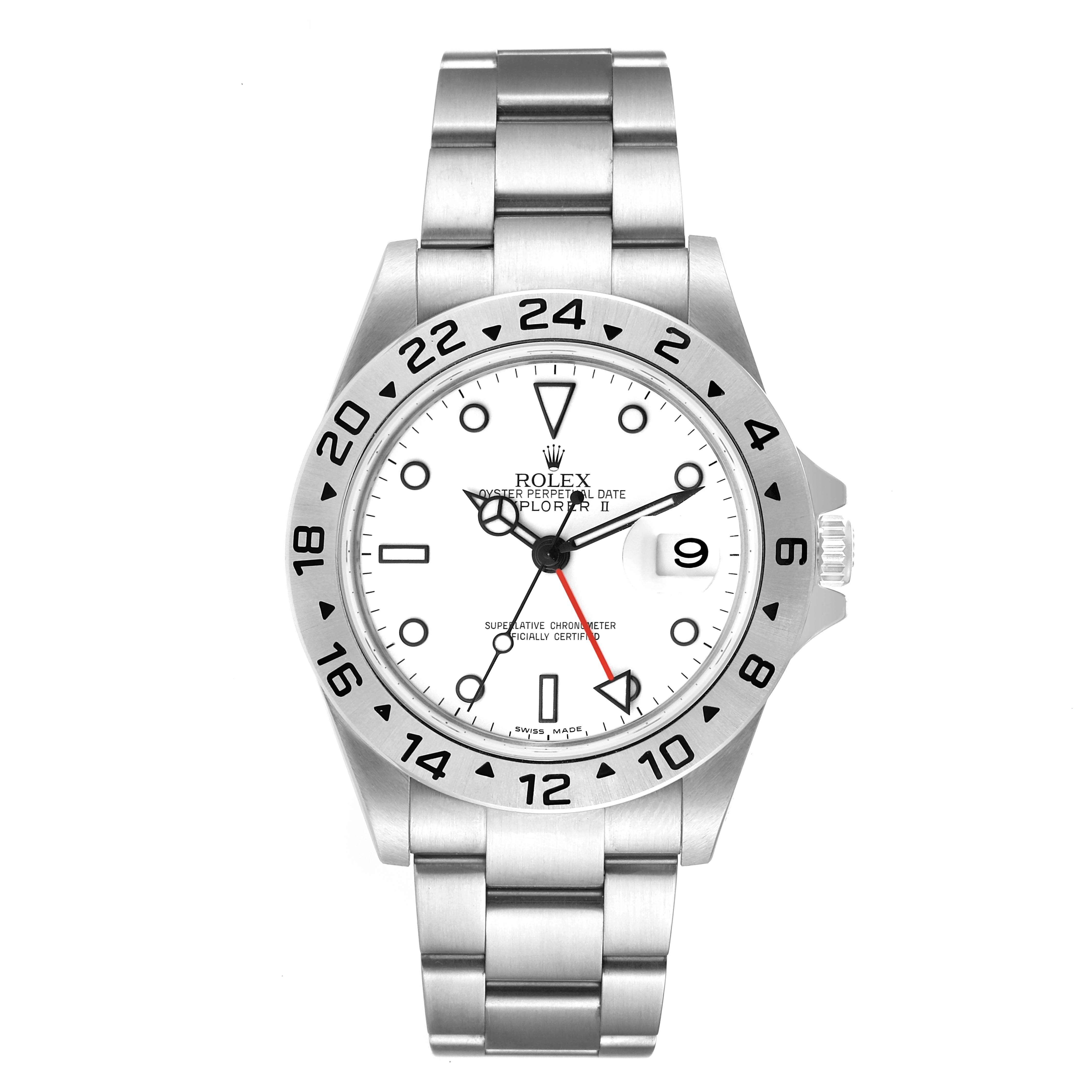 The image shows a front view of the Rolex Explorer 16570 Men's Stainless Steel White Dial 16570 Men's Stainless Steel White Dial watch, displaying its dial, bezel, and bracelet.