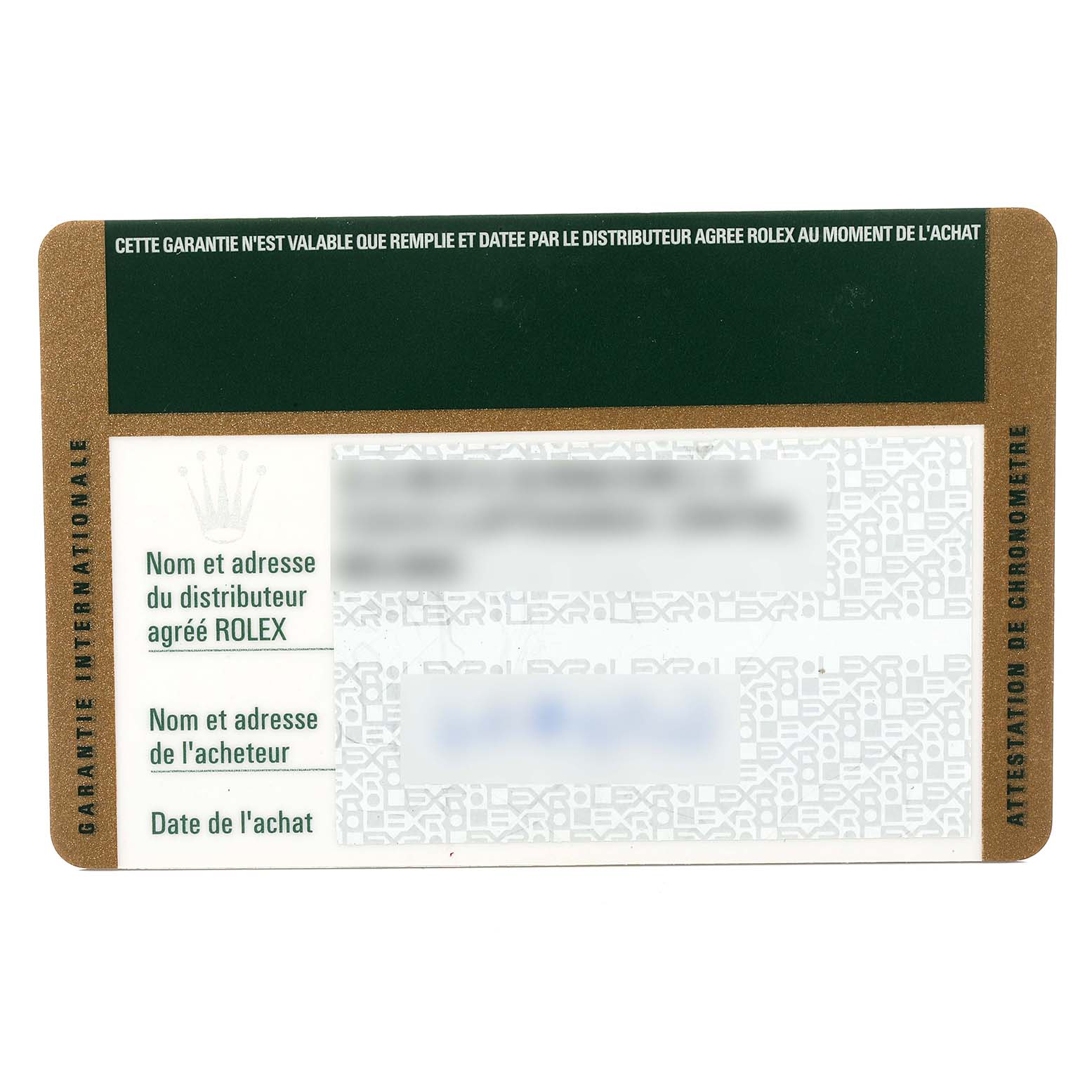 The image shows the international warranty card for the Rolex Explorer 16570 Men's Stainless Steel White Dial 16570 Men's Stainless Steel White Dial model.