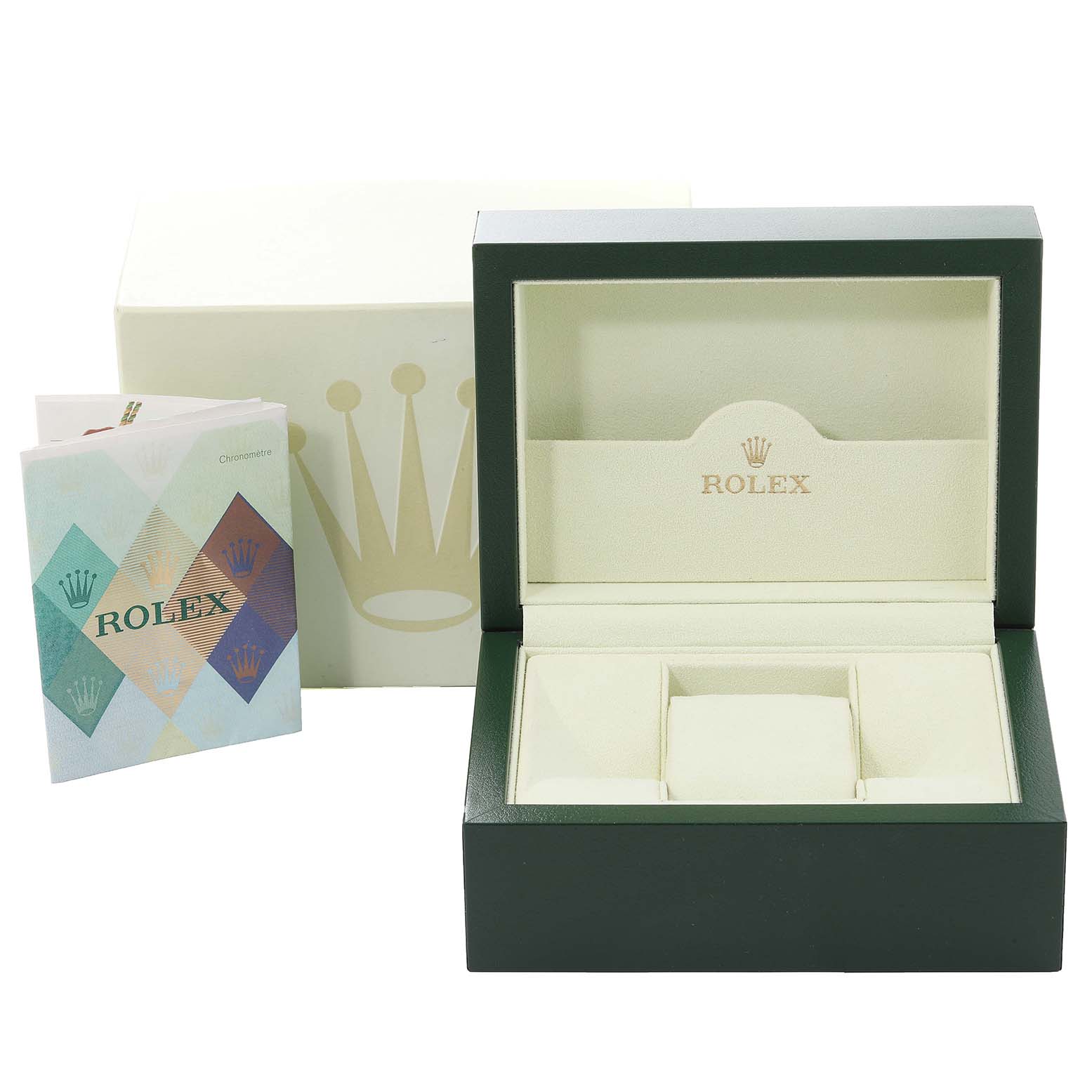 The image shows an open Rolex watch box for the Explorer model, along with its outer box and a booklet at an eye-level angle.