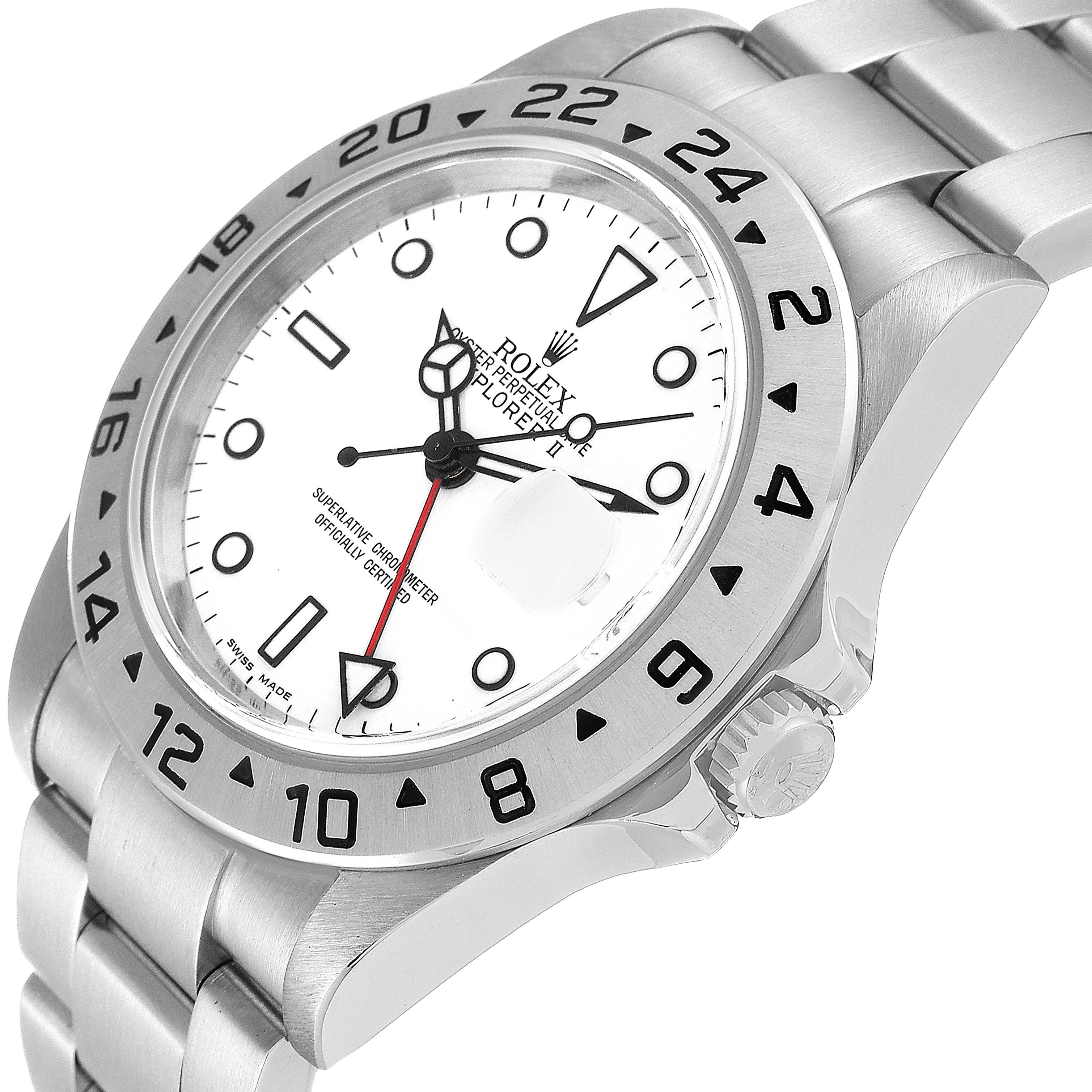 The image shows a side view of the Rolex Explorer 16570T Men's Stainless Steel White Dial 16570T Men's Stainless Steel White Dial watch, highlighting the dial, bezel, crown, and part of the bracelet.
