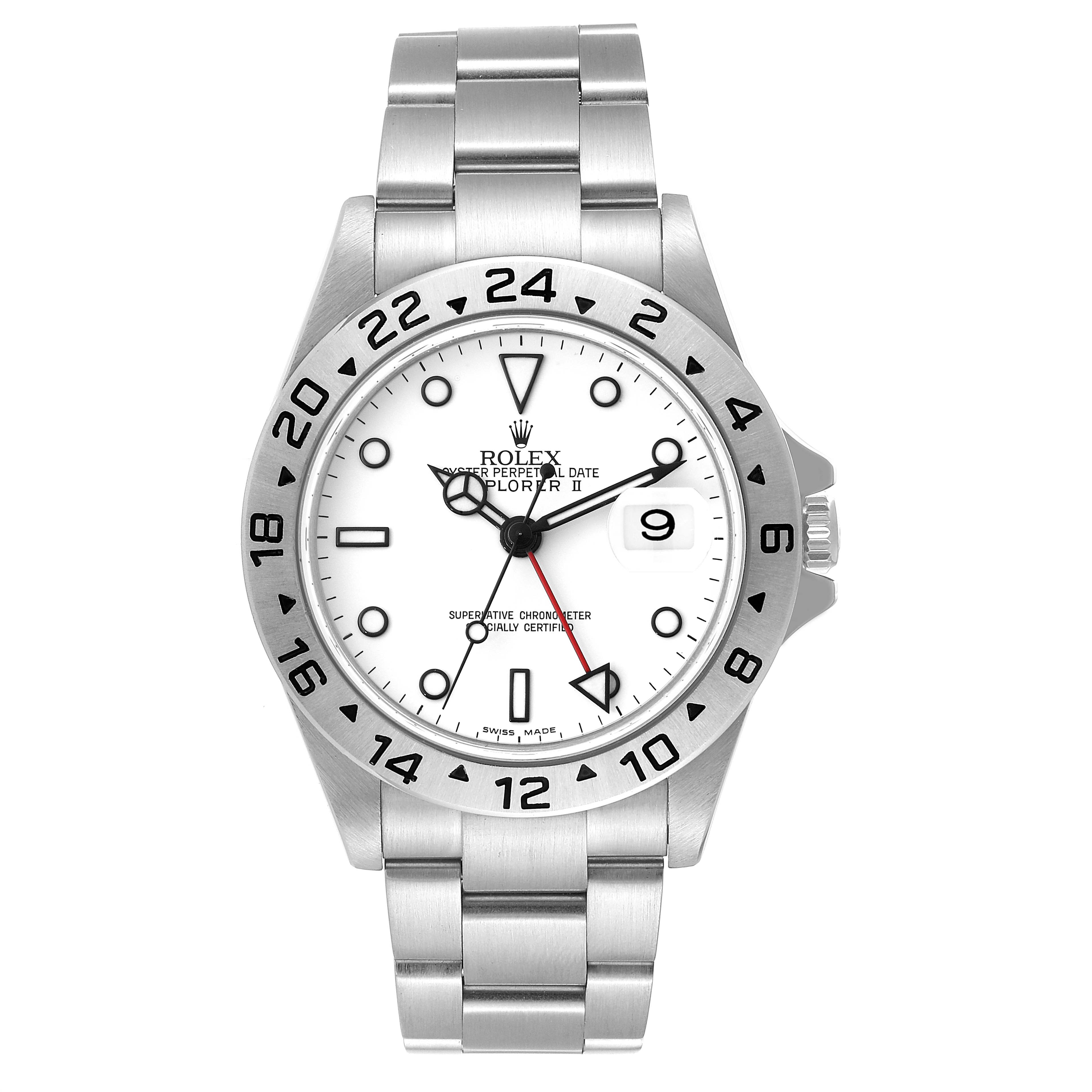 The image shows a front view of a Rolex Explorer 16570T Men's Stainless Steel White Dial 16570T Men's Stainless Steel White Dial watch, displaying the dial, bezel, bracelet, and crown.