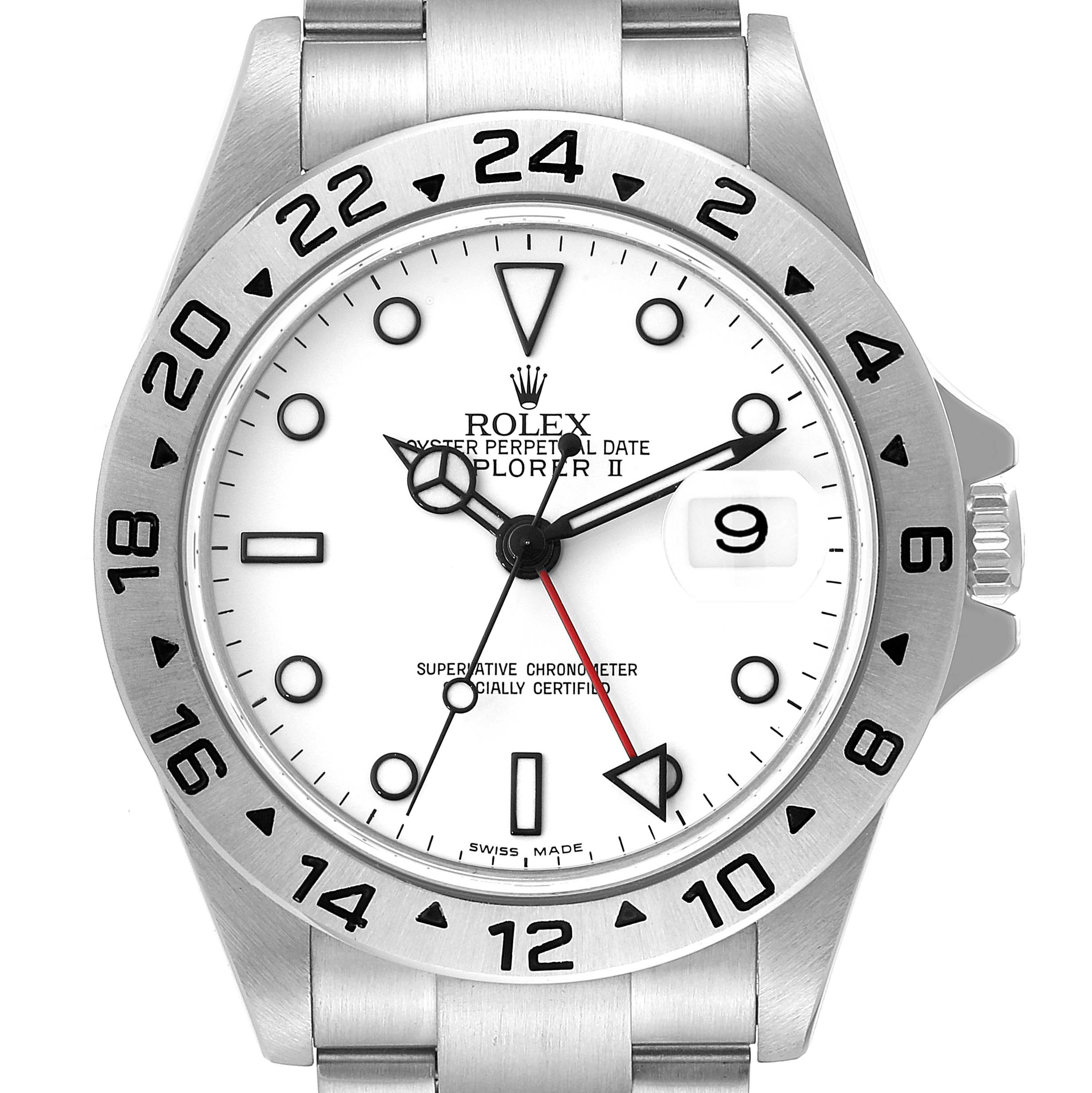 The image shows a Rolex Explorer 16570T Men's Stainless Steel White Dial 16570T Men's Stainless Steel White Dial watch from a top-down angle, highlighting the dial, bezel, crown, and bracelet.