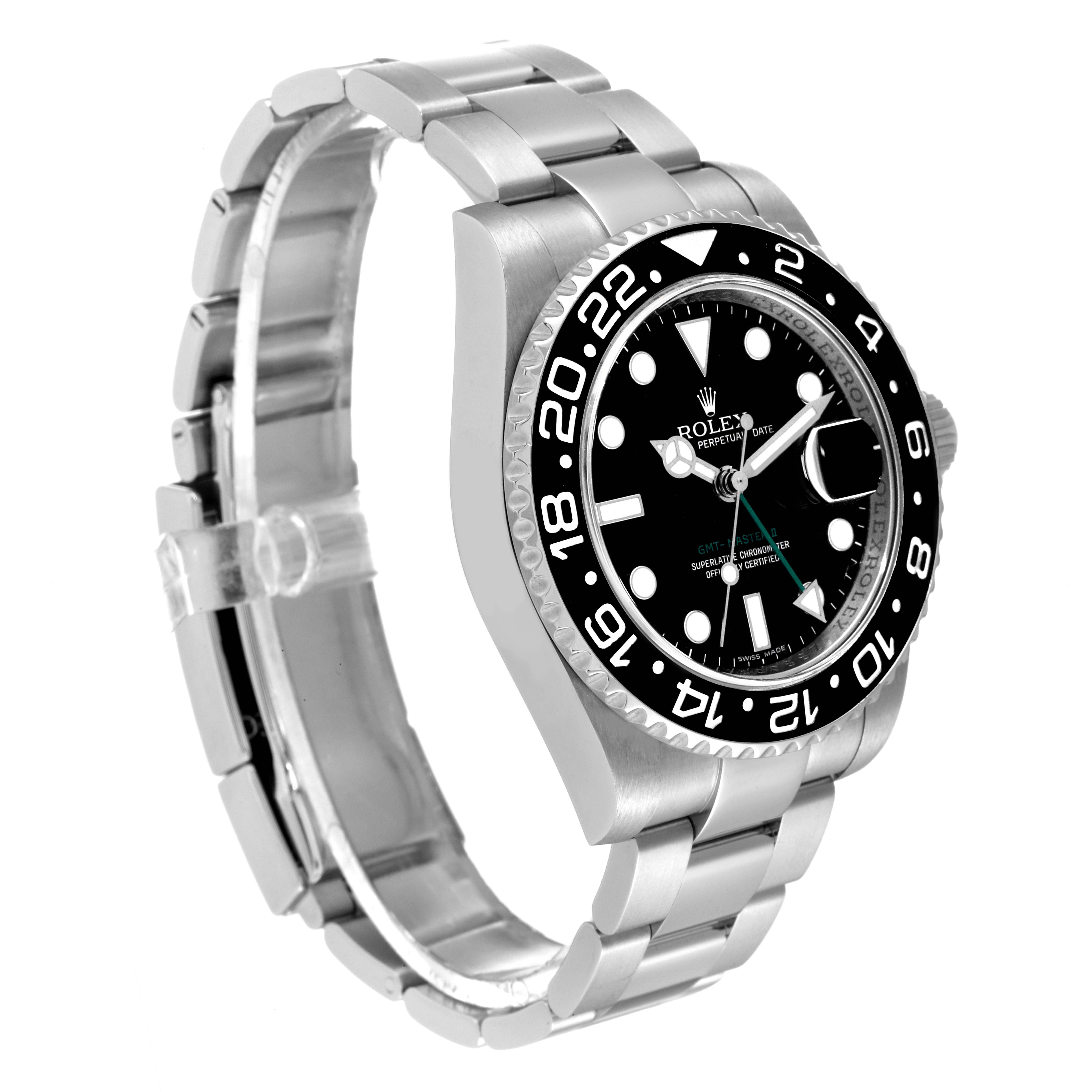 The image shows a Rolex GMT-Master 116710 Men
s Stainless Steel Black Dial 116710 Men
s Stainless Steel Black Dial watch at an angle highlighting its black bezel, face, and metal bracelet.