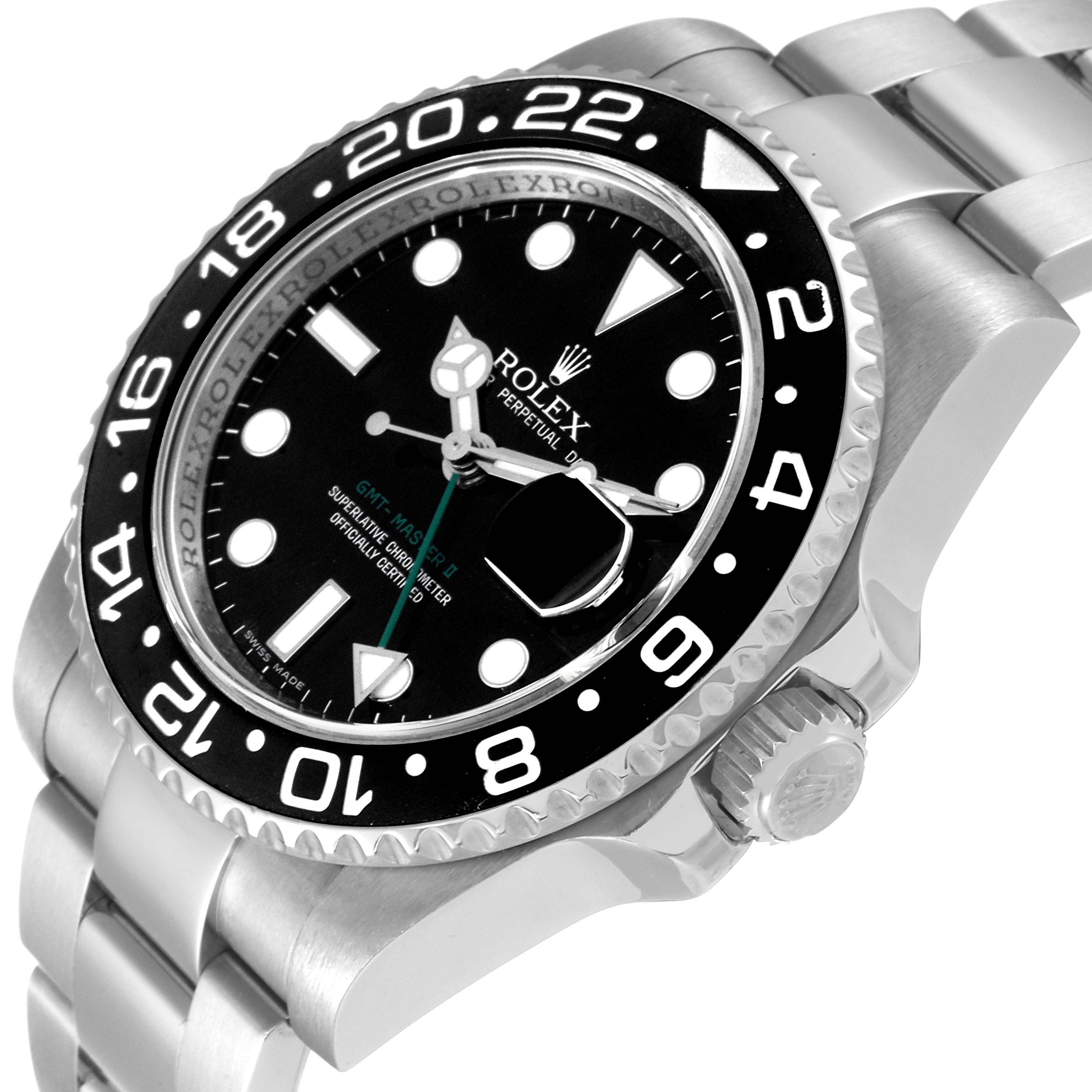 This image shows a Rolex GMT-Master 116710 Men
s Stainless Steel Black Dial 116710 Men
s Stainless Steel Black Dial watch at a slight angle, highlighting the dial, bezel, crown, and bracelet.