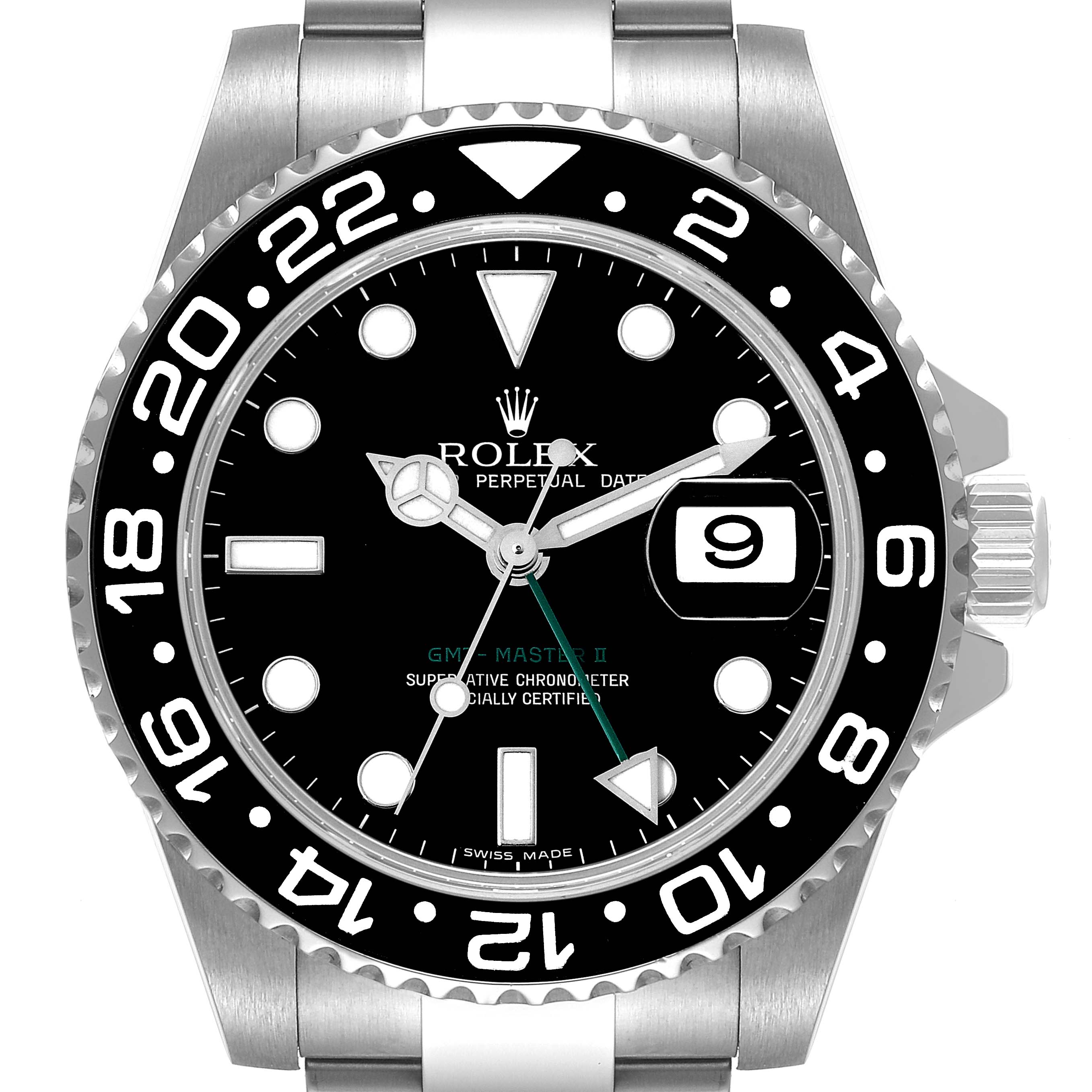 The image shows a front view of a Rolex GMT-Master 116710 Men
s Stainless Steel Black Dial 116710 Men
s Stainless Steel Black Dial II watch, highlighting the dial, bezel, and part of the bracelet.