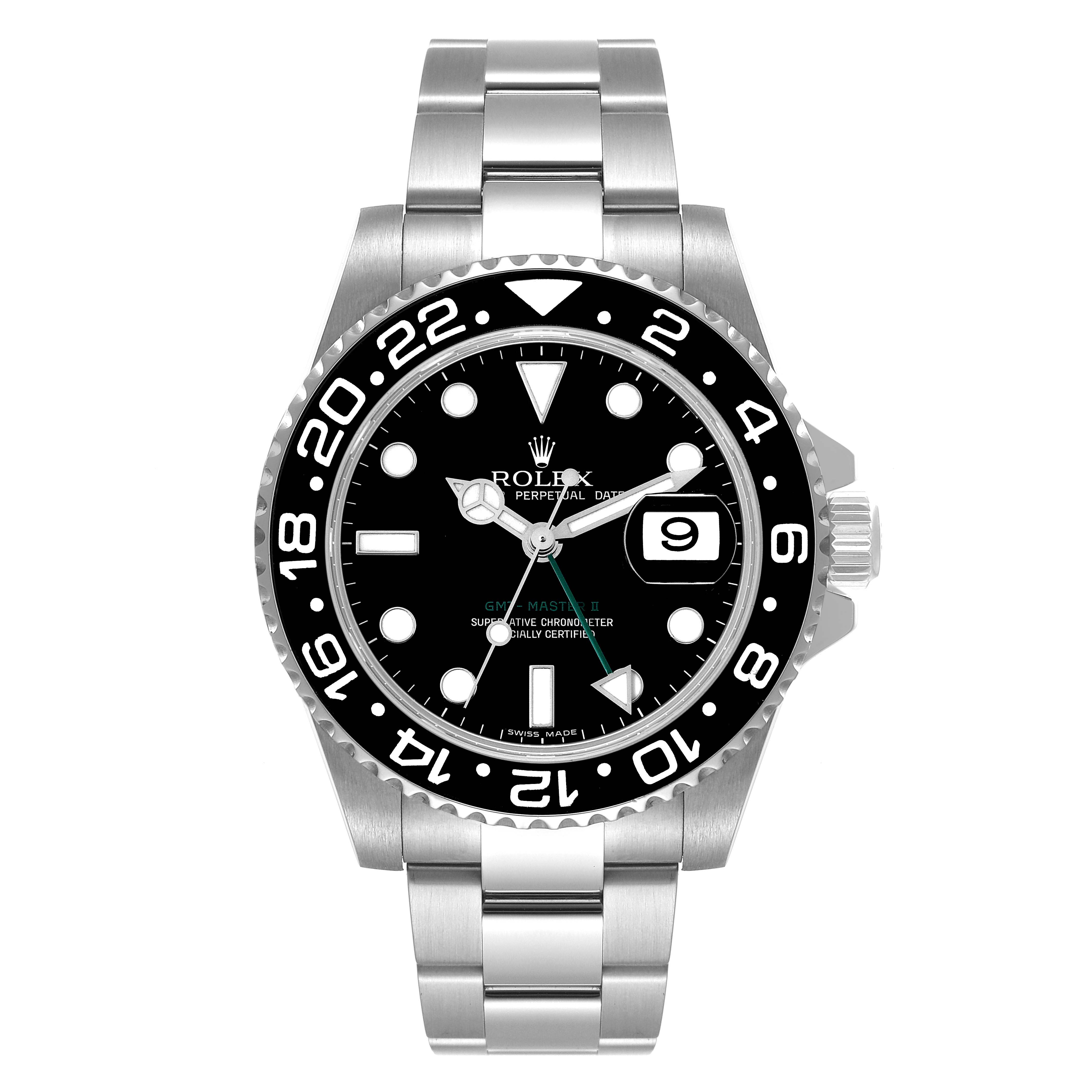 This image shows a front view of the dial and bracelet of the Rolex GMT-Master 116710 Men
s Stainless Steel Black Dial 116710 Men
s Stainless Steel Black Dial model.