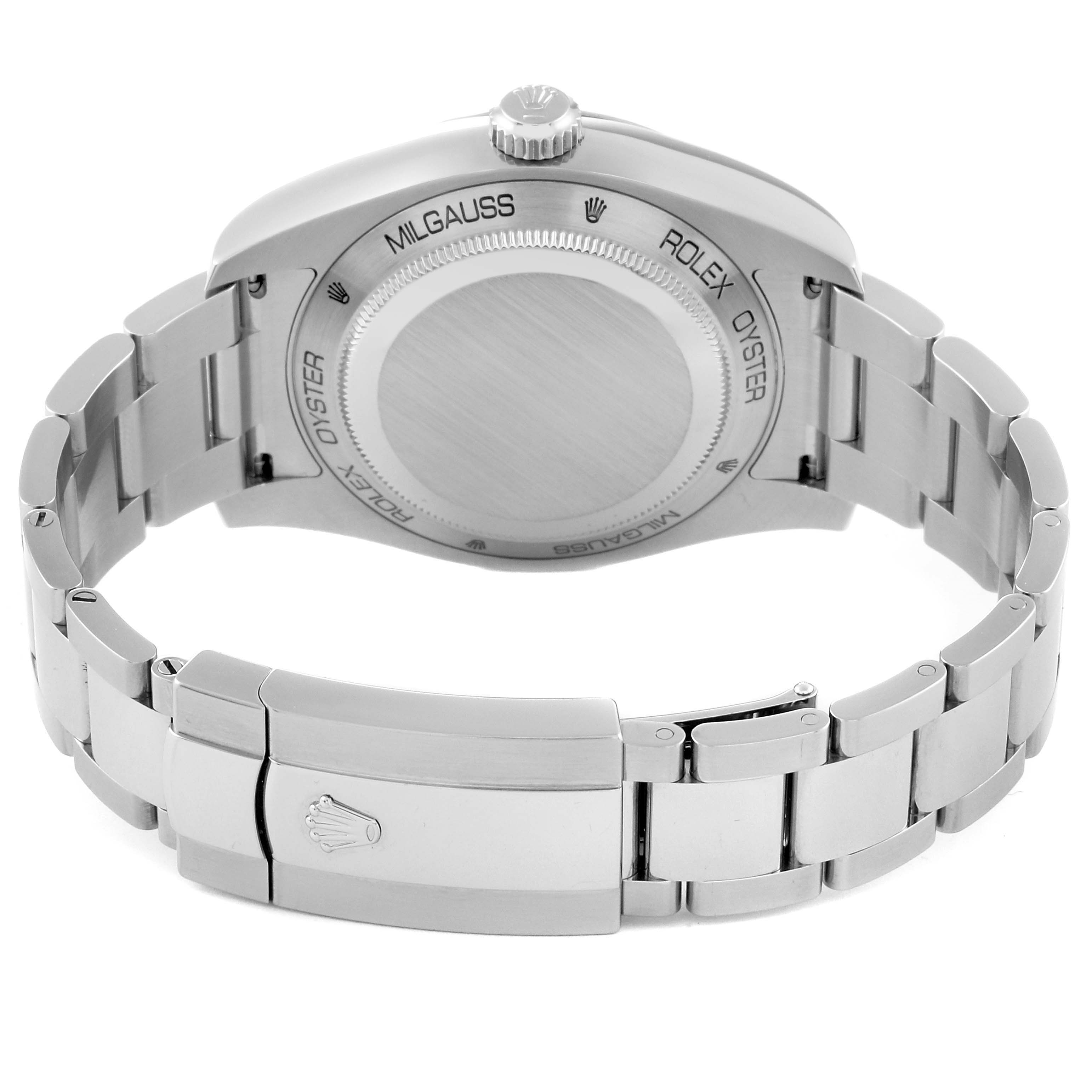The image shows the backside of the Rolex Milgauss 116400GV Men's Stainless Steel Black Dial 116400GV Men's Stainless Steel Black Dial watch, featuring the case back, bracelet, and clasp.