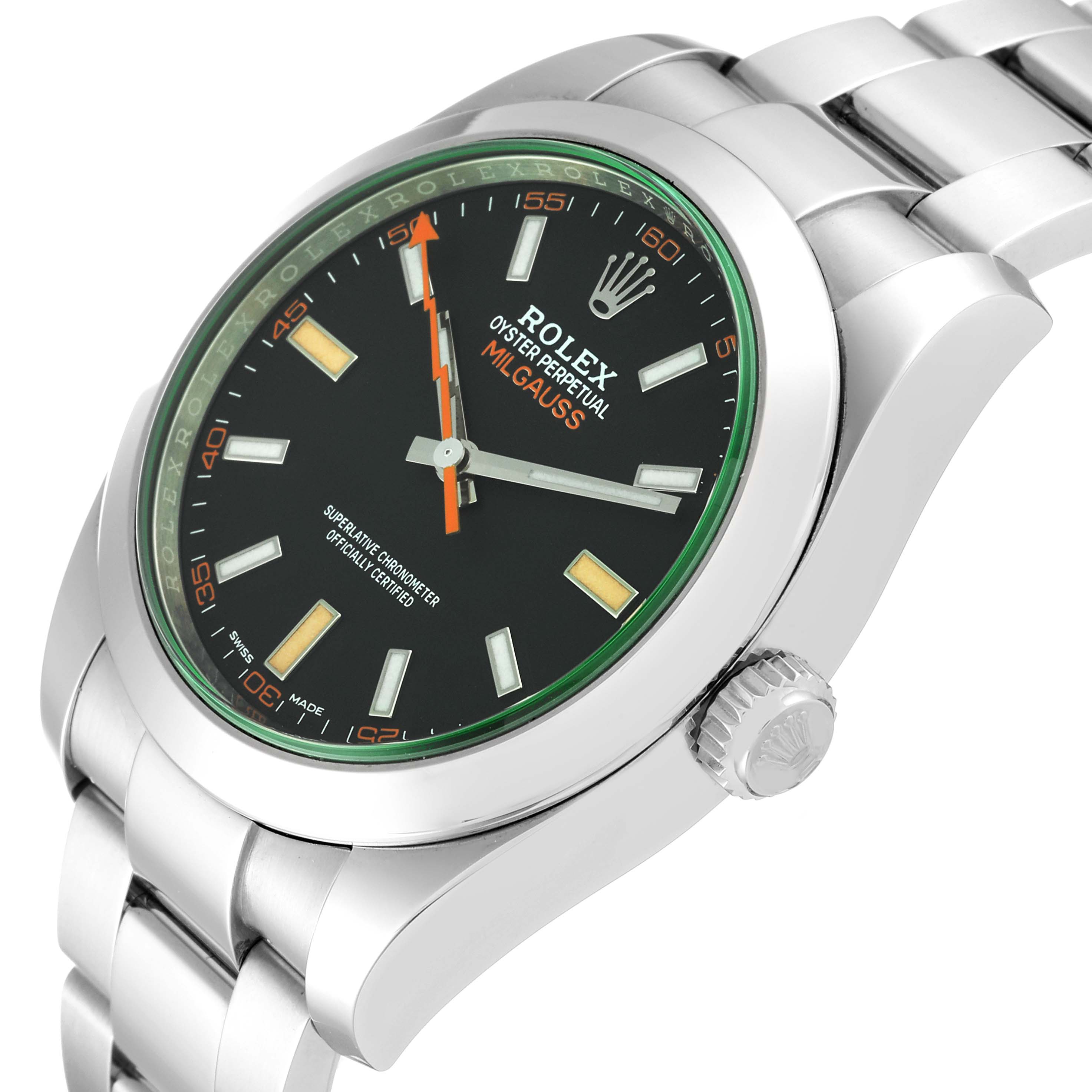 The image shows a side-angle view of a Rolex Milgauss 116400GV Men's Stainless Steel Black Dial 116400GV Men's Stainless Steel Black Dial watch, highlighting its face, bezel, case, and bracelet.