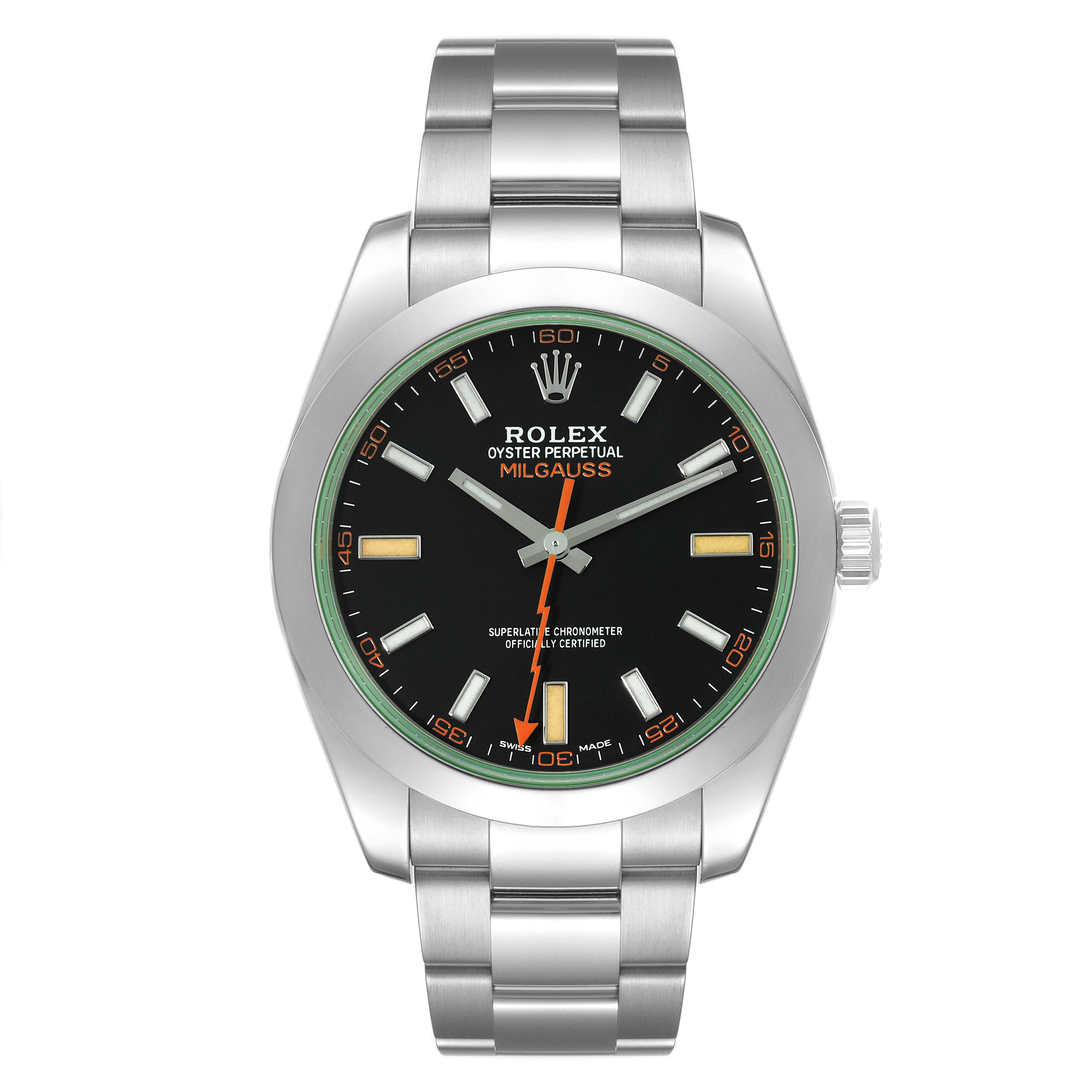 The image shows a front view of the Rolex Milgauss 116400GV Men's Stainless Steel Black Dial 116400GV Men's Stainless Steel Black Dial watch, highlighting the face, bezel, crown, and bracelet.