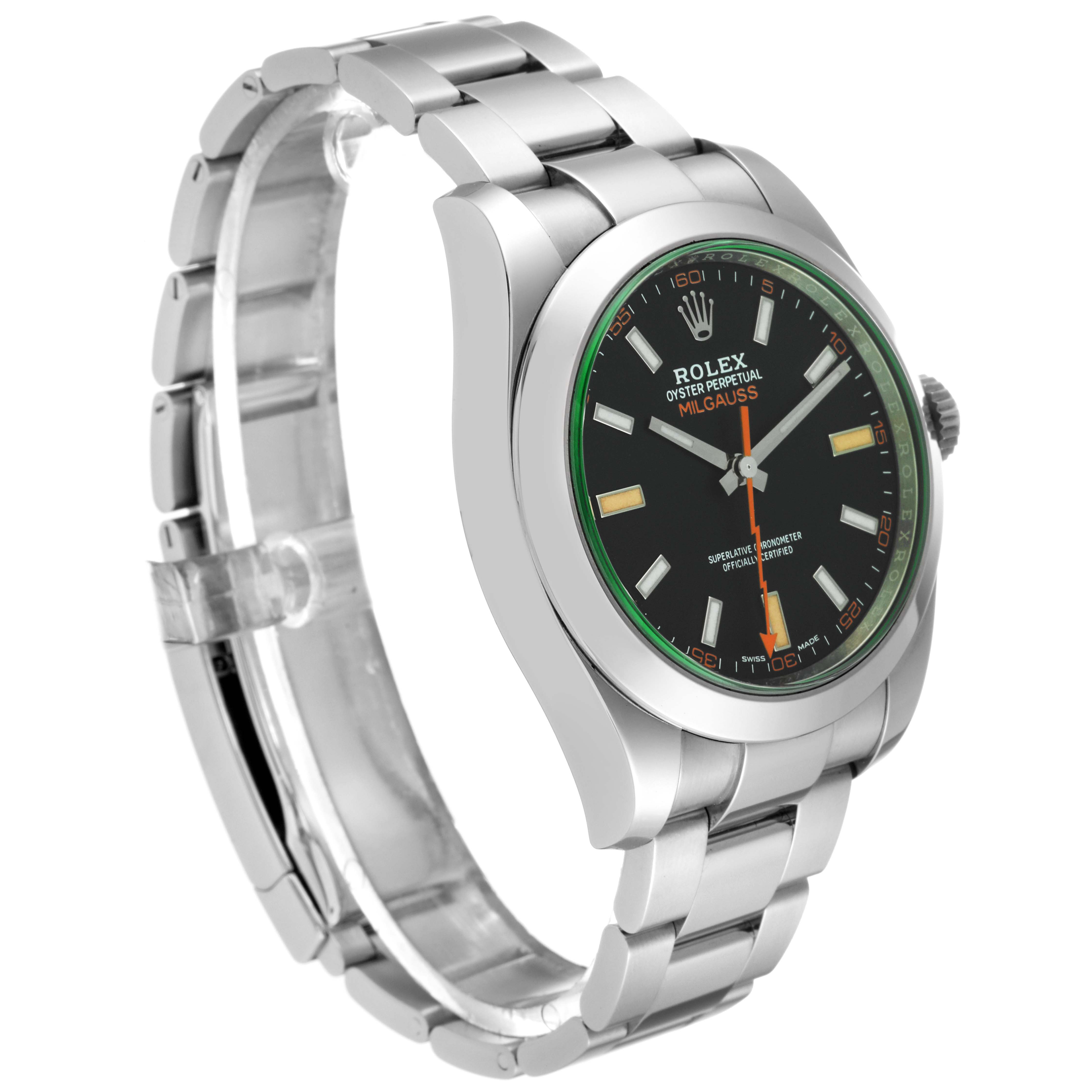 The image shows a Rolex Milgauss 116400GV Men's Stainless Steel Black Dial 116400GV Men's Stainless Steel Black Dial model watch at an angled side view, highlighting the band, case, dial, and hour markers.