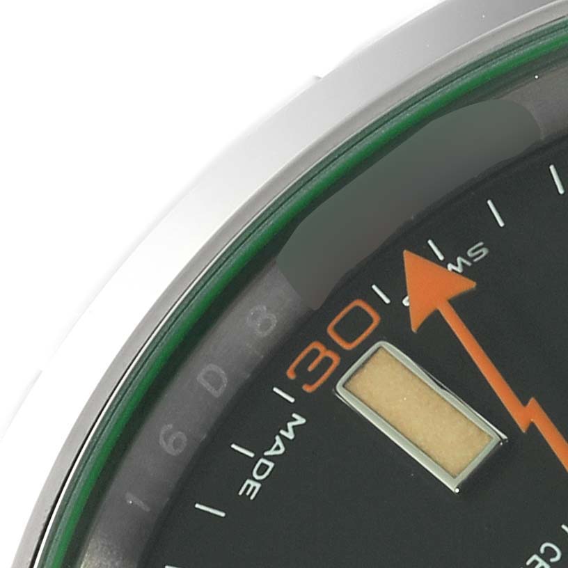This image shows a close-up of the dial and partial bezel of a Rolex Milgauss 116400GV Men's Stainless Steel Black Dial 116400GV Men's Stainless Steel Black Dial watch, with the orange lightning bolt second hand and "30" marking visible.