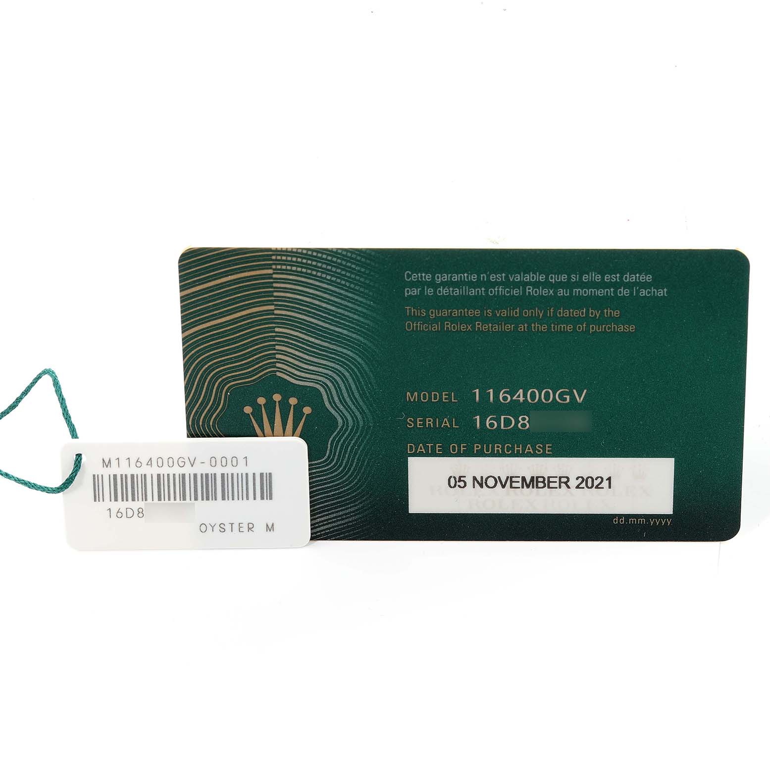 This image shows the warranty card and tag of a Rolex Milgauss 116400GV Men's Stainless Steel Black Dial 116400GV Men's Stainless Steel Black Dial model 116400GV, including the serial number and purchase date.