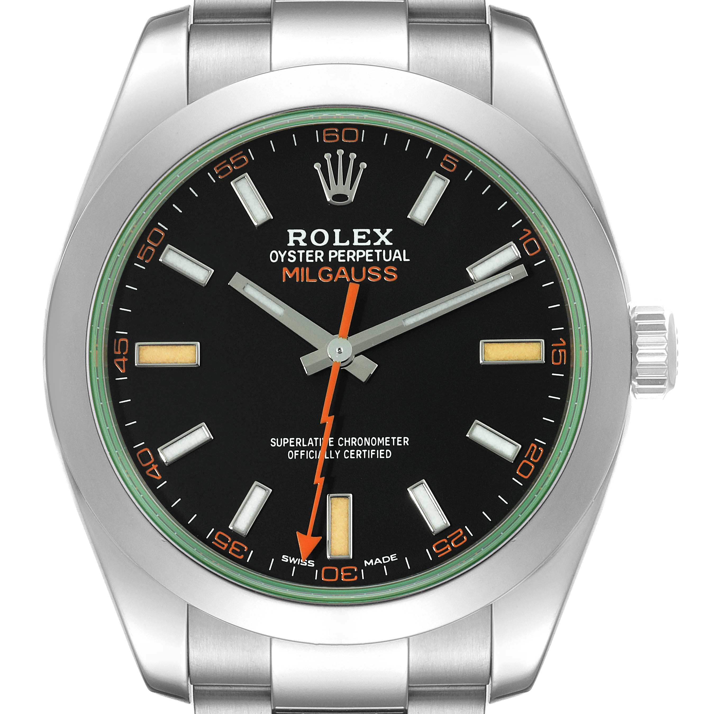 The image shows a front view of the Rolex Milgauss 116400GV Men's Stainless Steel Black Dial 116400GV Men's Stainless Steel Black Dial watch, highlighting the dial, hands, and bezel.