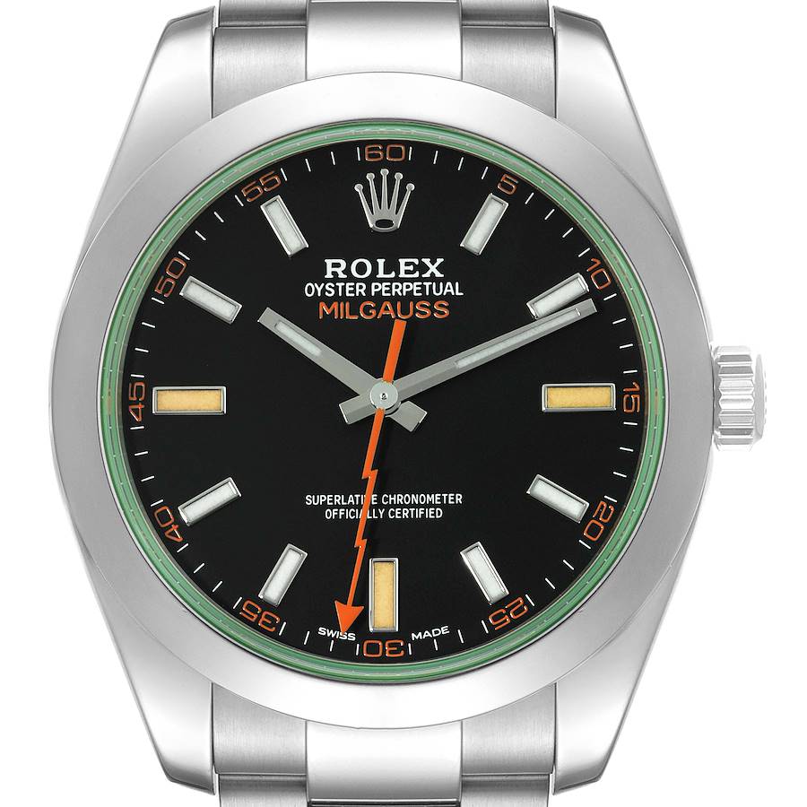 Rolex Milgauss Black Dial Green Crystal Steel Mens Watch 116400 Box Card SwissWatchExpo