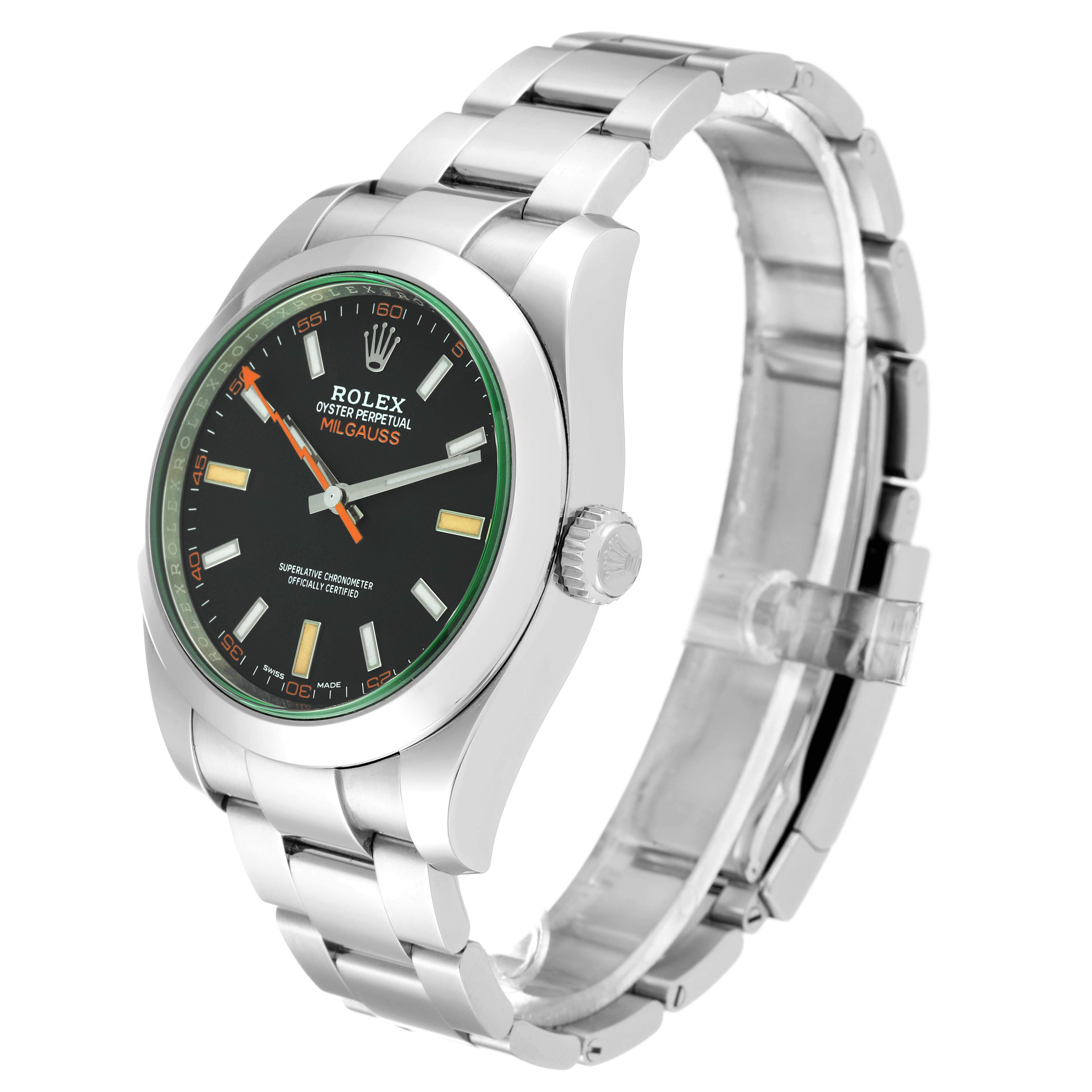 The Rolex Milgauss 116400GV Men's Stainless Steel Black Dial 116400GV Men's Stainless Steel Black Dial watch is shown from an oblique angle, highlighting its face, crown, and stainless steel bracelet.