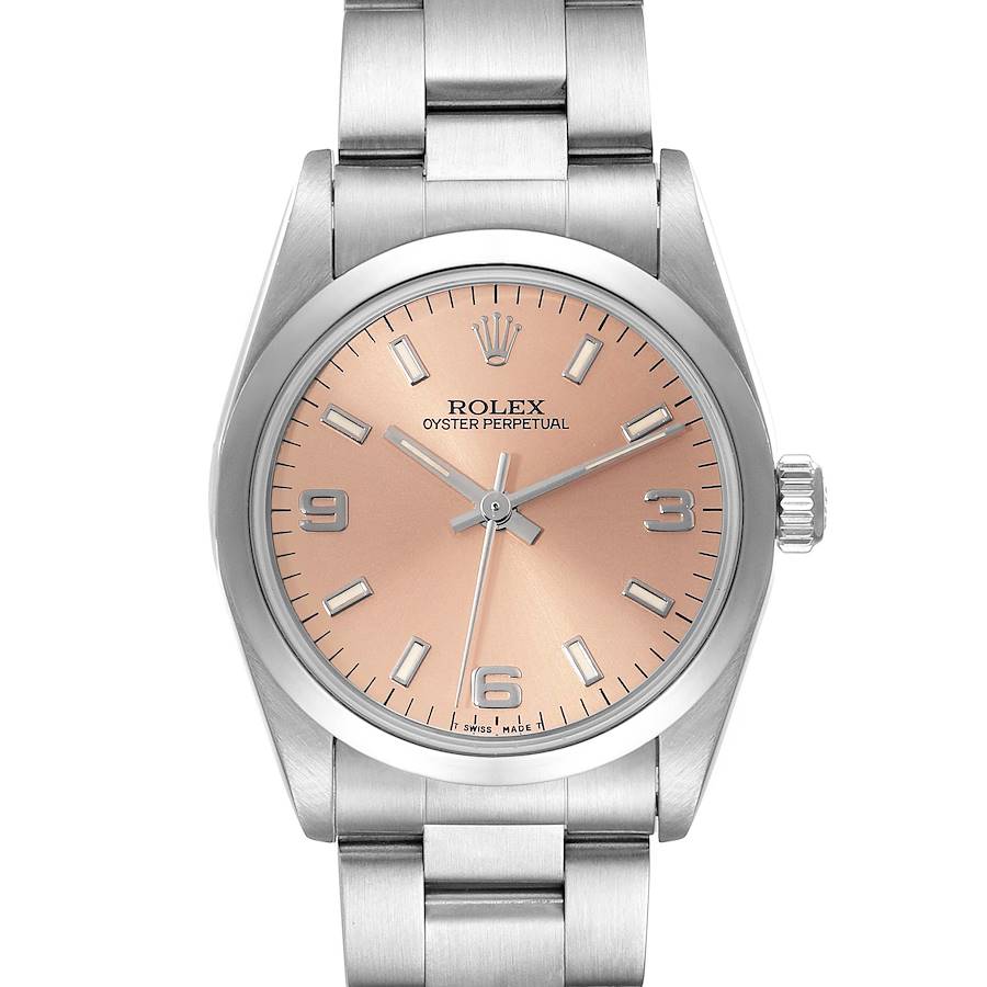 Rolex Oyster Perpetual Midsize Salmon Dial Steel Ladies Watch 67480 Box Papers SwissWatchExpo