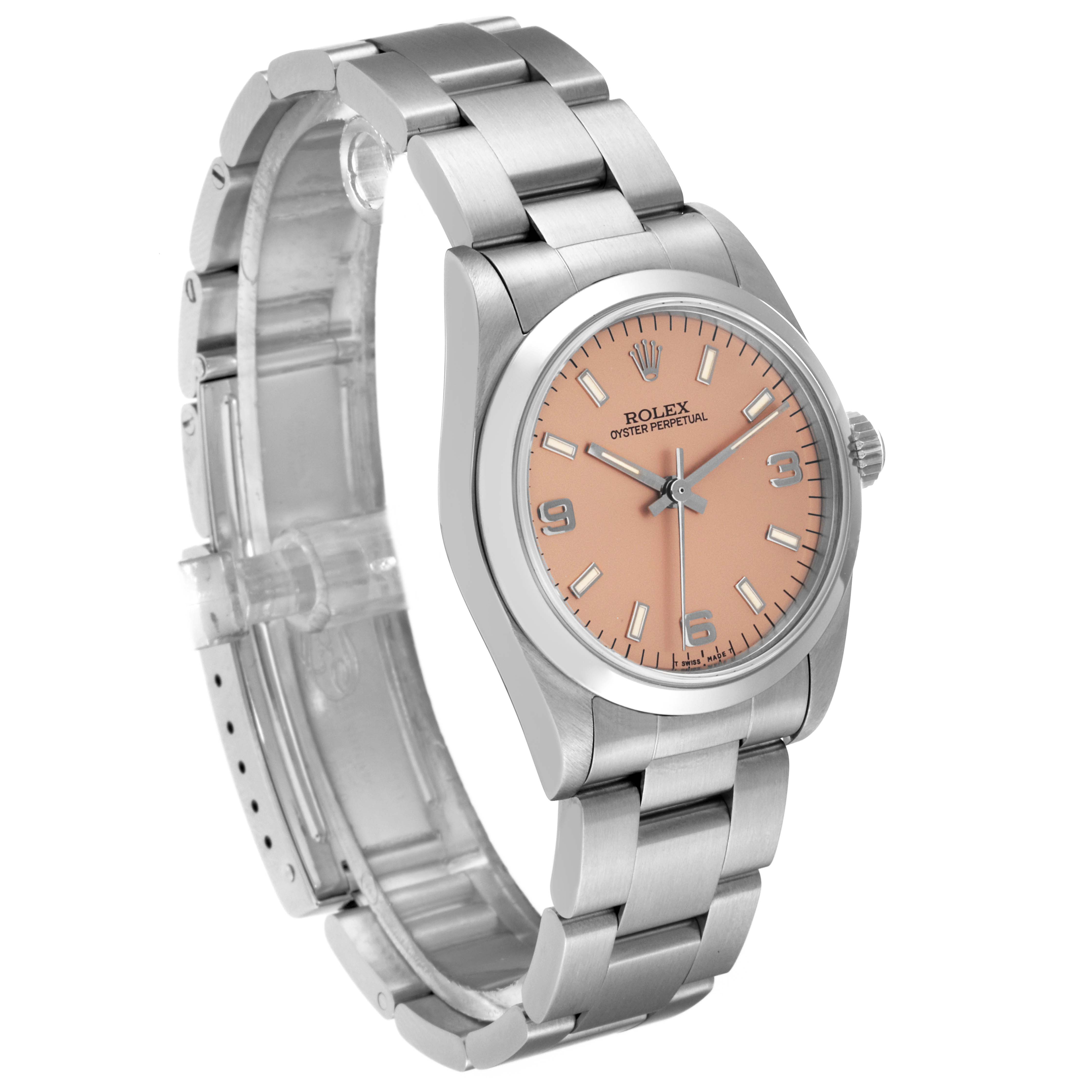 The image shows a Rolex Mid-Size 67480 Women
s Stainless Steel Pink Dial 67480 Women
s Stainless Steel Pink Dial Oyster Perpetual watch at a slight angle, highlighting its dial, bezel, and bracelet.