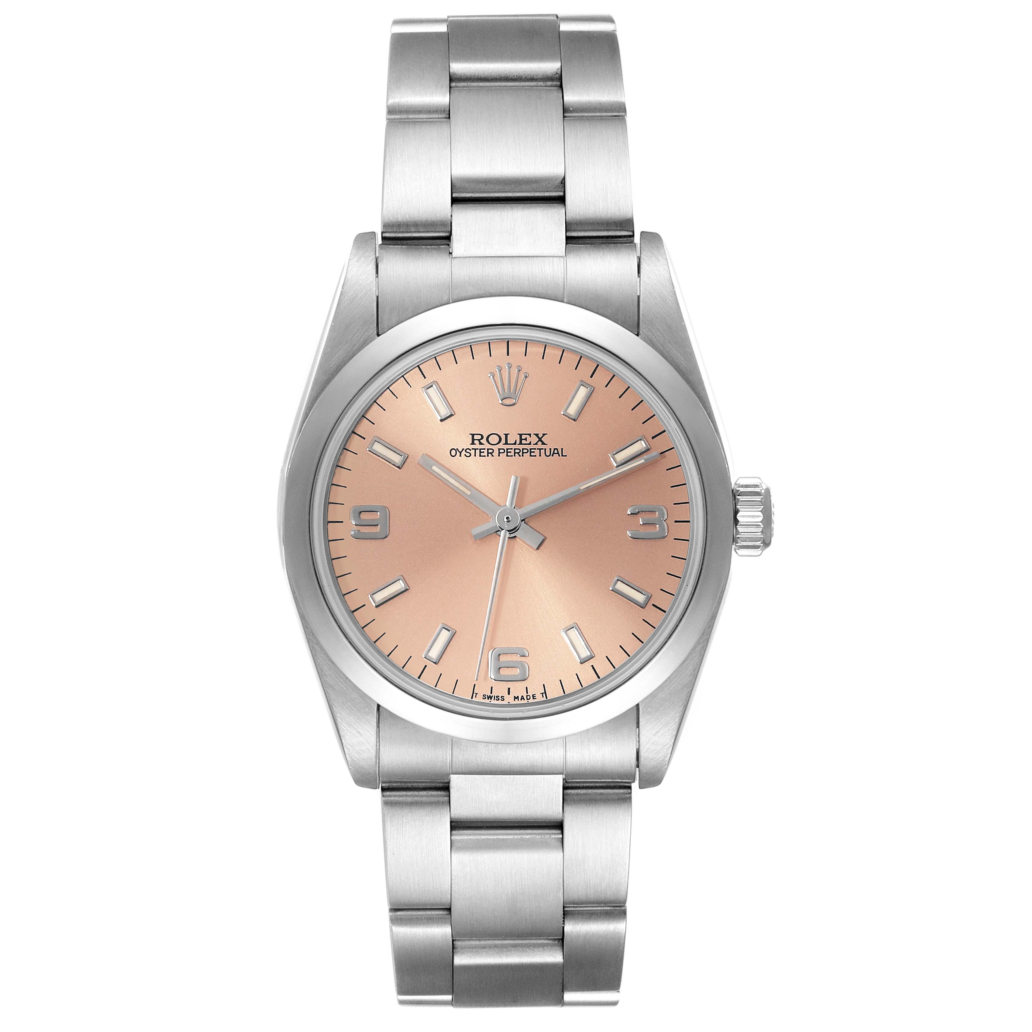 The image shows a front view of a Rolex Mid-Size 67480 Women
s Stainless Steel Pink Dial 67480 Women
s Stainless Steel Pink Dial Oyster Perpetual watch.