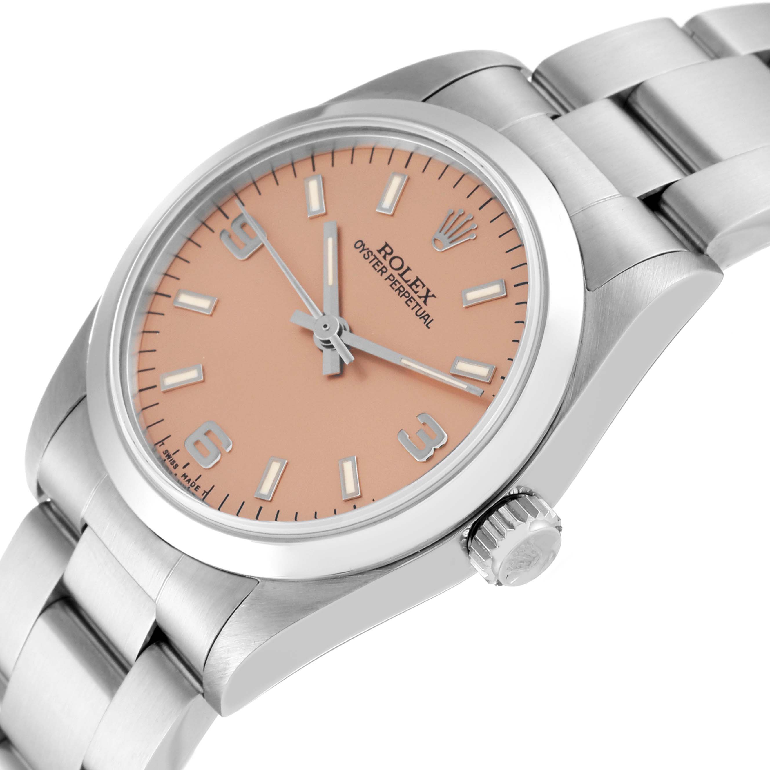 The image shows a close-up angle of a Rolex Oyster Perpetual Mid-Size watch, featuring the dial, crown, and part of the bracelet.