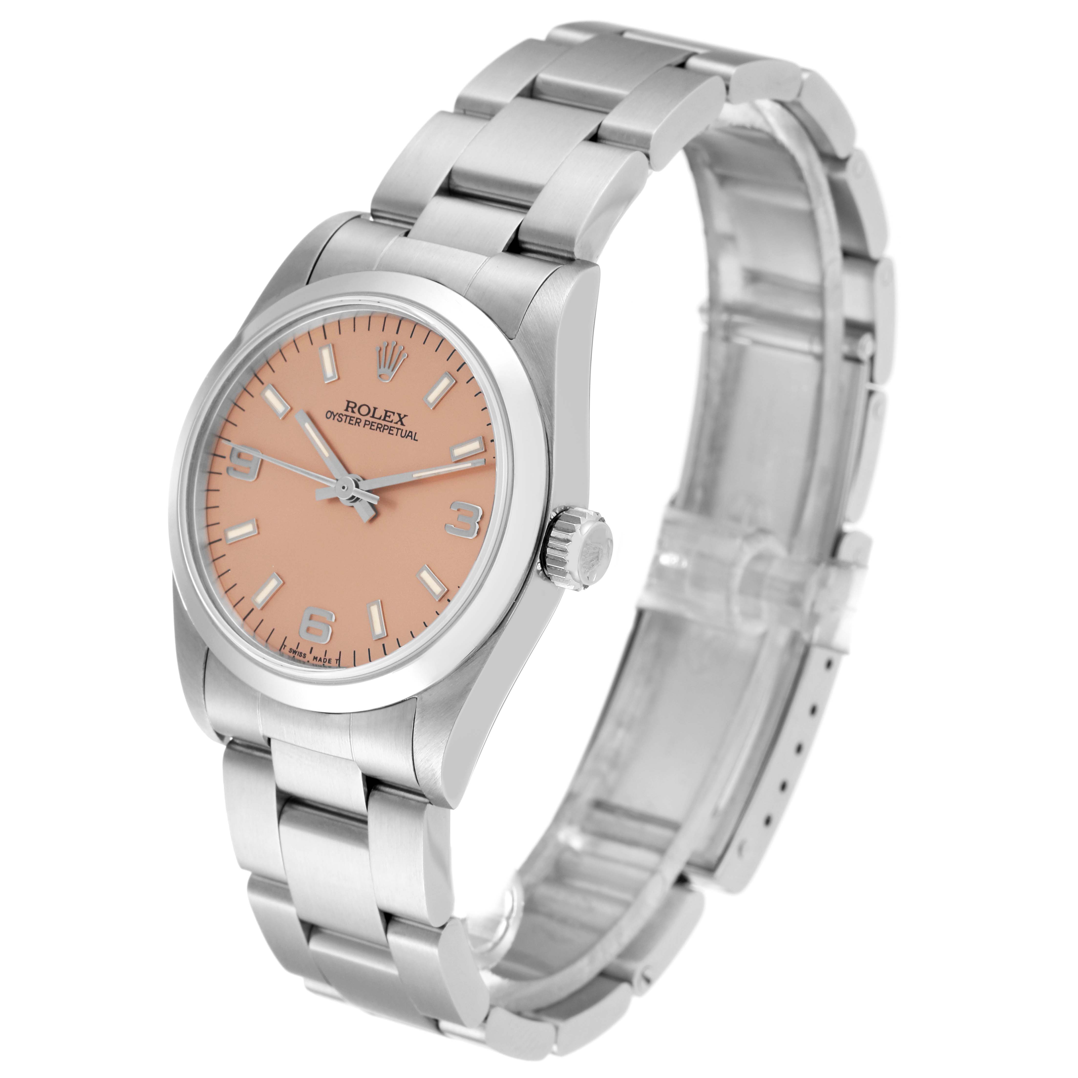 The image shows a full view of a Rolex Mid-Size 67480 Women
s Stainless Steel Pink Dial 67480 Women
s Stainless Steel Pink Dial Oyster Perpetual watch with a pink dial, angled slightly from the front-right.
