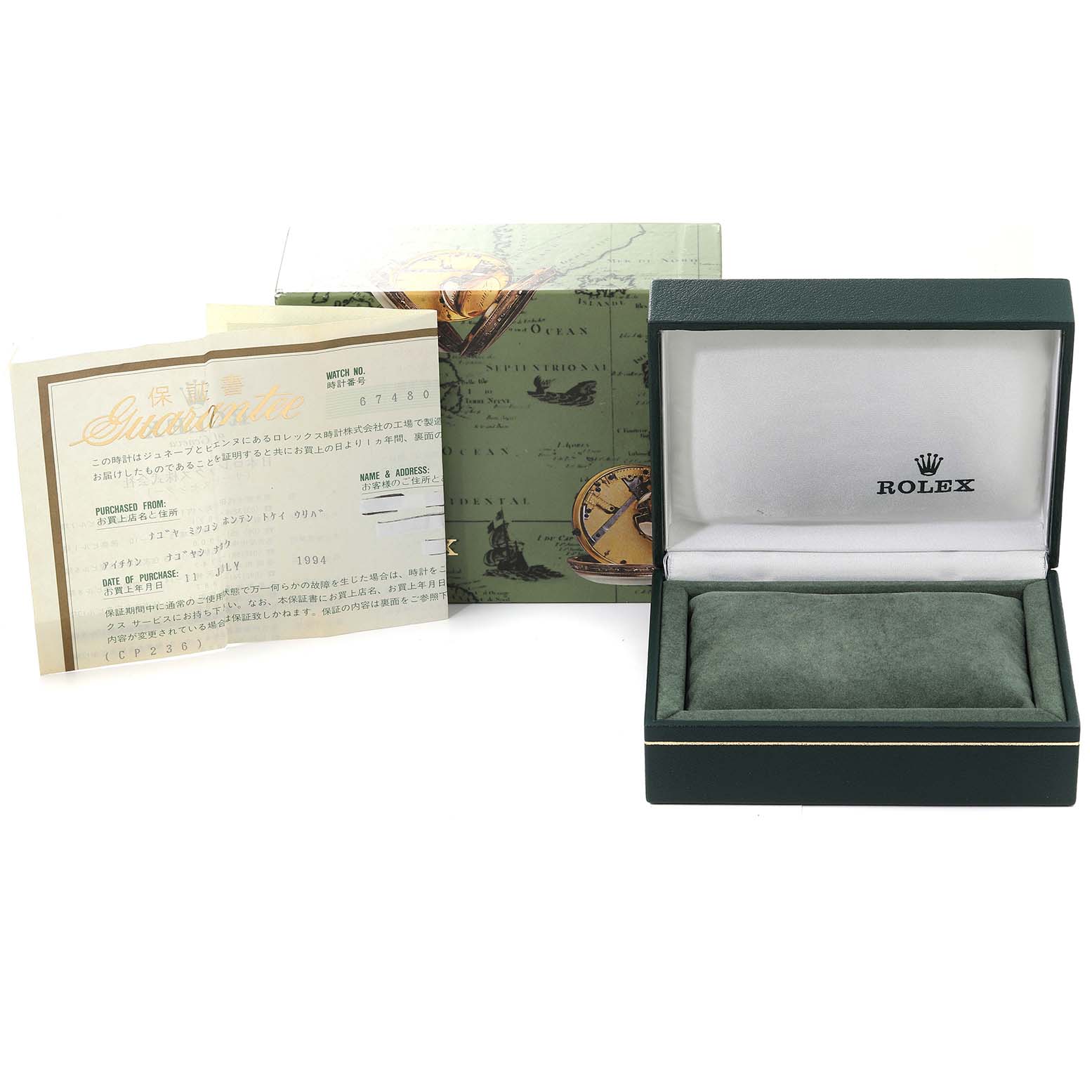 The image shows the open box and warranty paper of a Rolex Mid-Size 67480 Women
s Stainless Steel Pink Dial 67480 Women
s Stainless Steel Pink Dial model watch.