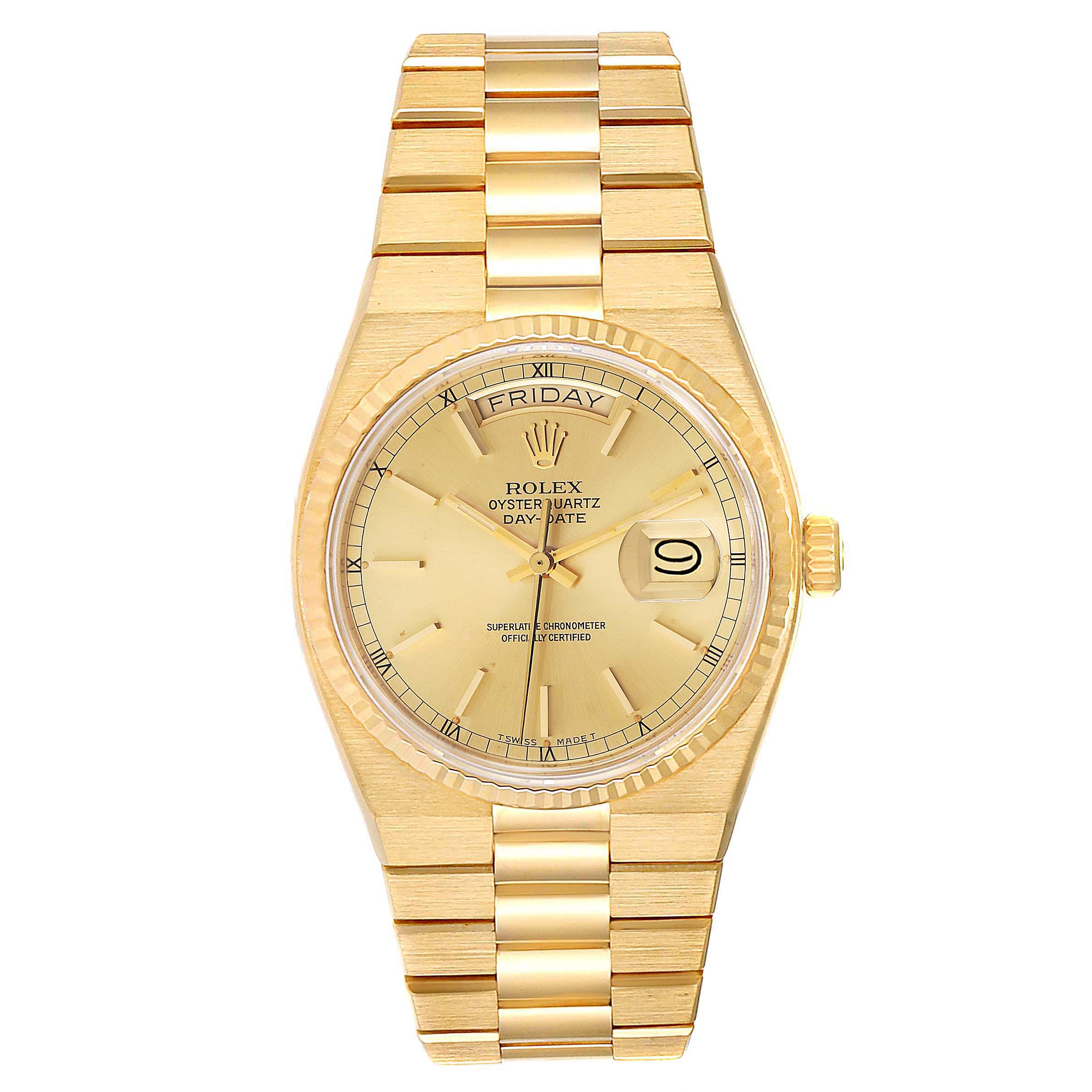 The image shows a front angle of a Rolex Oysterquartz 19018 Men's Yellow Gold Champagne Dial 19018 Men's Yellow Gold Champagne Dial watch, displaying its face, bezel, case, and bracelet.