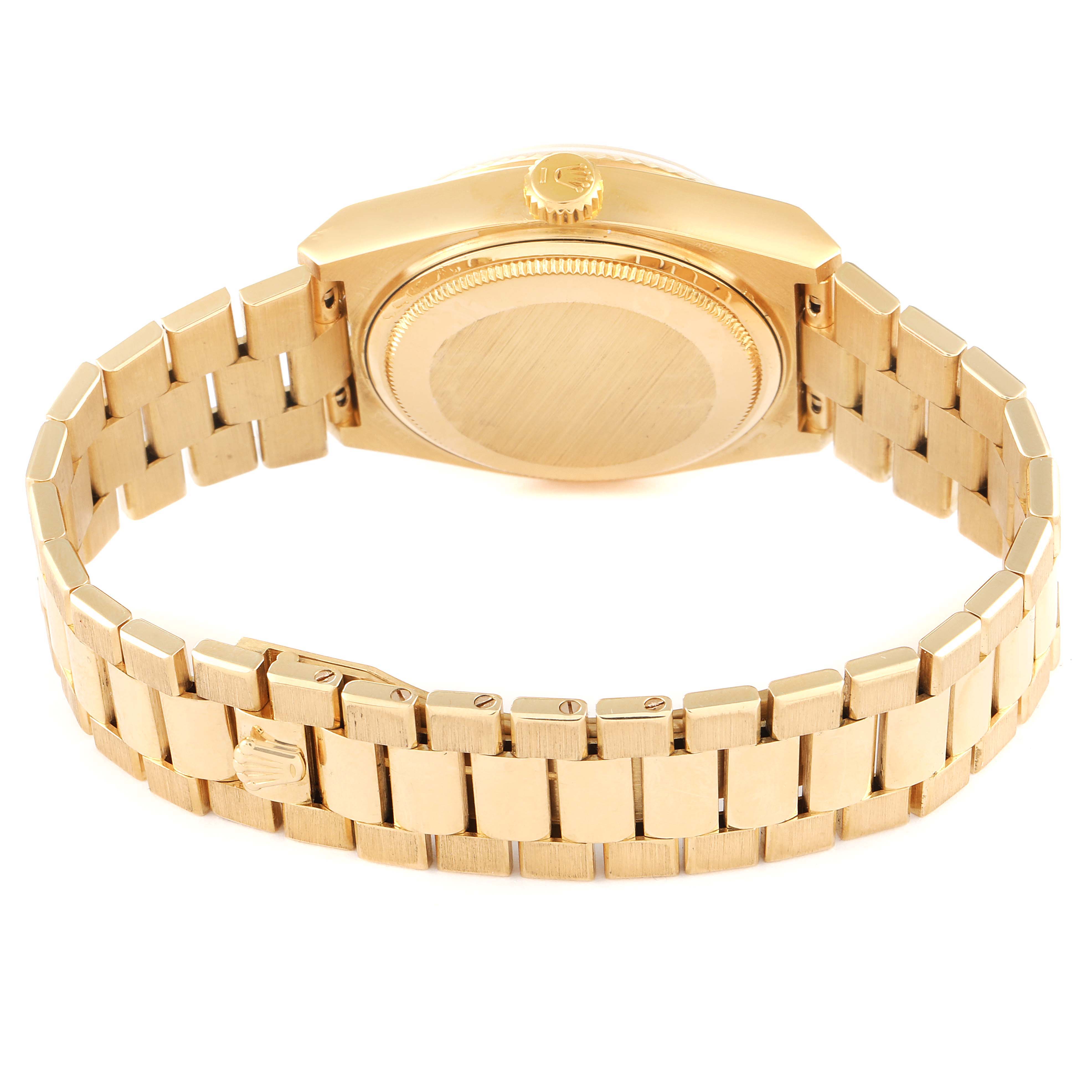 The image shows the back case and bracelet of a Rolex Oysterquartz 19018 Men's Yellow Gold Champagne Dial 19018 Men's Yellow Gold Champagne Dial watch from a rear angle.