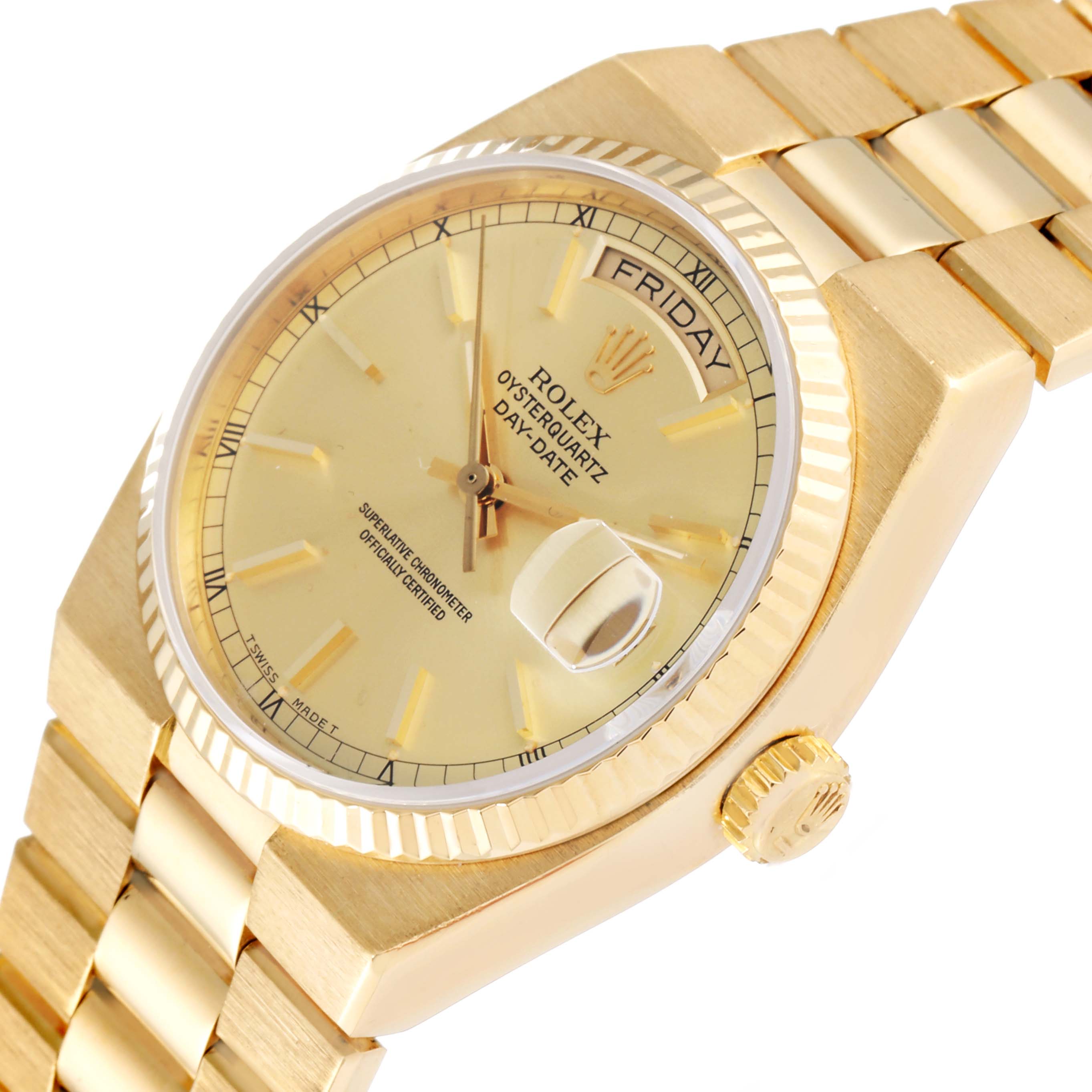 The image shows a side view of a Rolex Oysterquartz 19018 Men's Yellow Gold Champagne Dial 19018 Men's Yellow Gold Champagne Dial Day-Date watch, highlighting the dial, bezel, crown, and part of the bracelet.