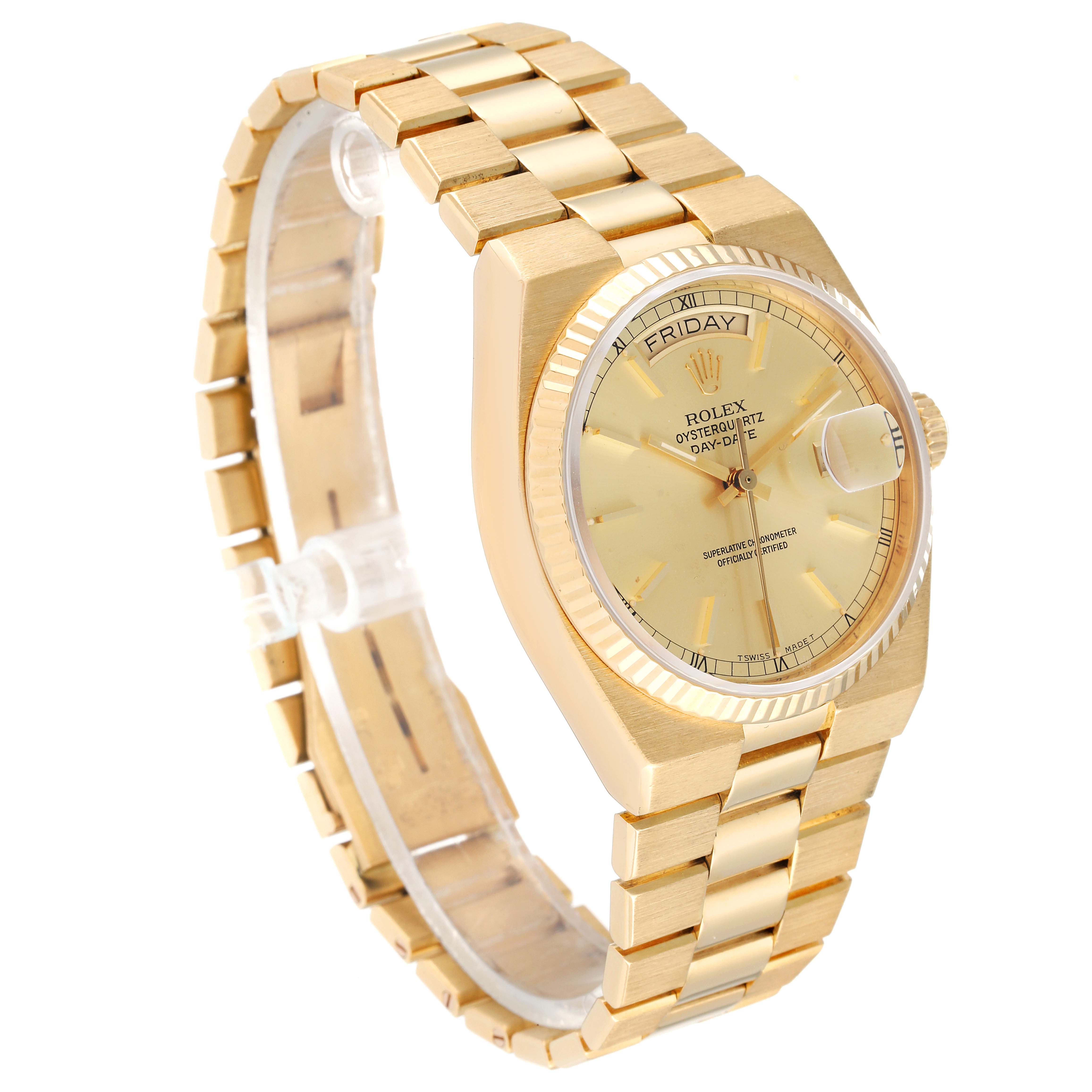 The image shows a Rolex Oysterquartz 19018 Men's Yellow Gold Champagne Dial 19018 Men's Yellow Gold Champagne Dial watch angled to display the face, bracelet, and side profile.