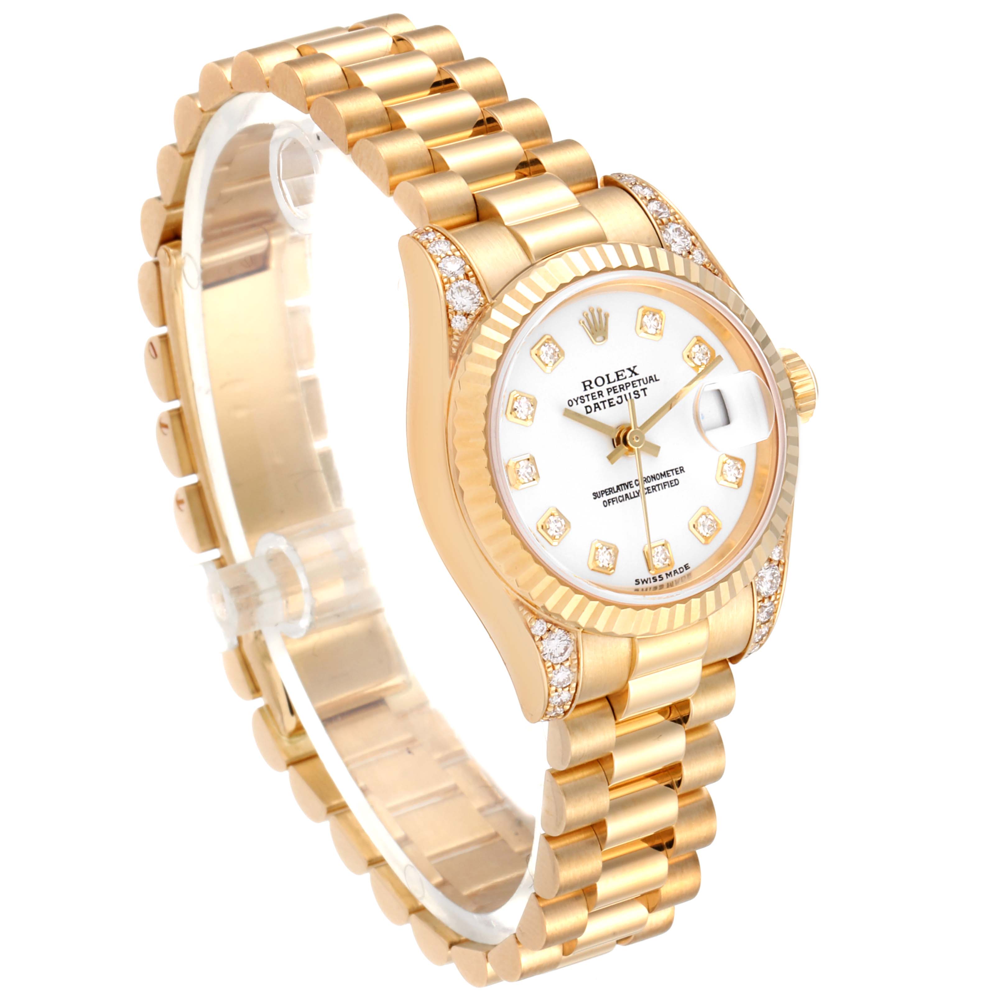 The Rolex President 179238 Women
s Yellow Gold White Dial 179238 Women
s Yellow Gold White Dial model watch is shown at a three-quarter angle, highlighting its gold bracelet, dial, and bezel with diamond accents.