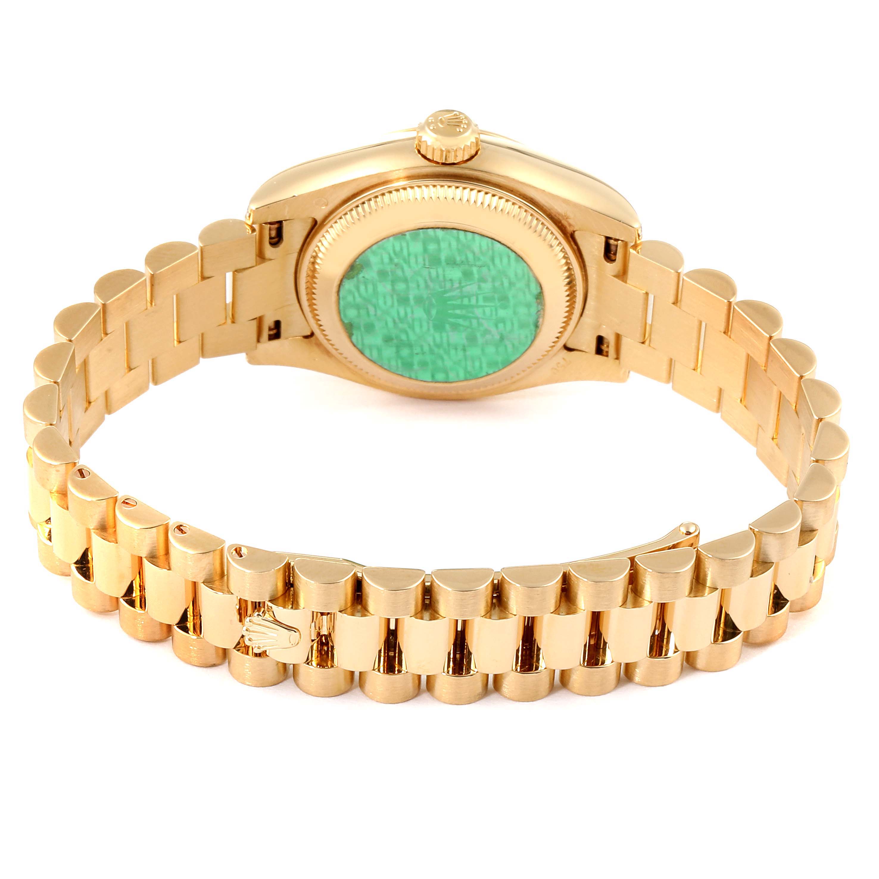 This image shows the back and bracelet of a Rolex President 179238 Women
s Yellow Gold White Dial 179238 Women
s Yellow Gold White Dial model watch, highlighting its gold color and distinctive clasp.