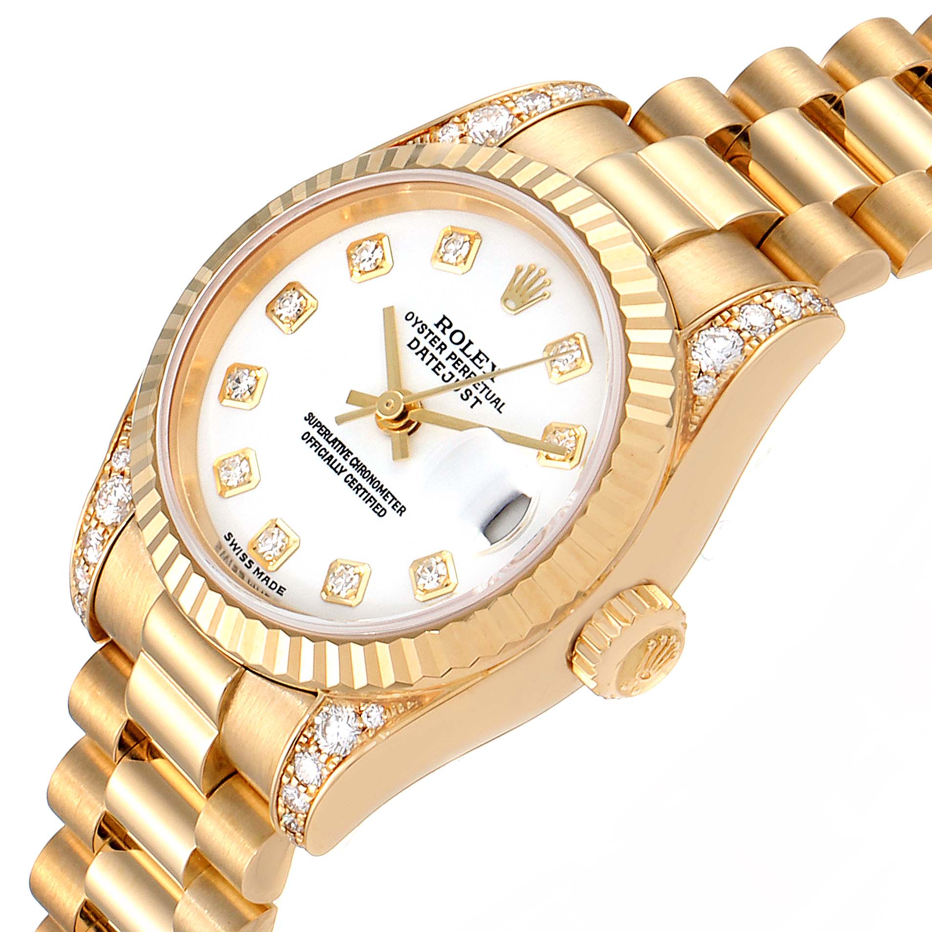This is a close-up angle of a Rolex President 179238 Women
s Yellow Gold White Dial 179238 Women
s Yellow Gold White Dial watch showing the face, bezel, crown, and part of the bracelet.
