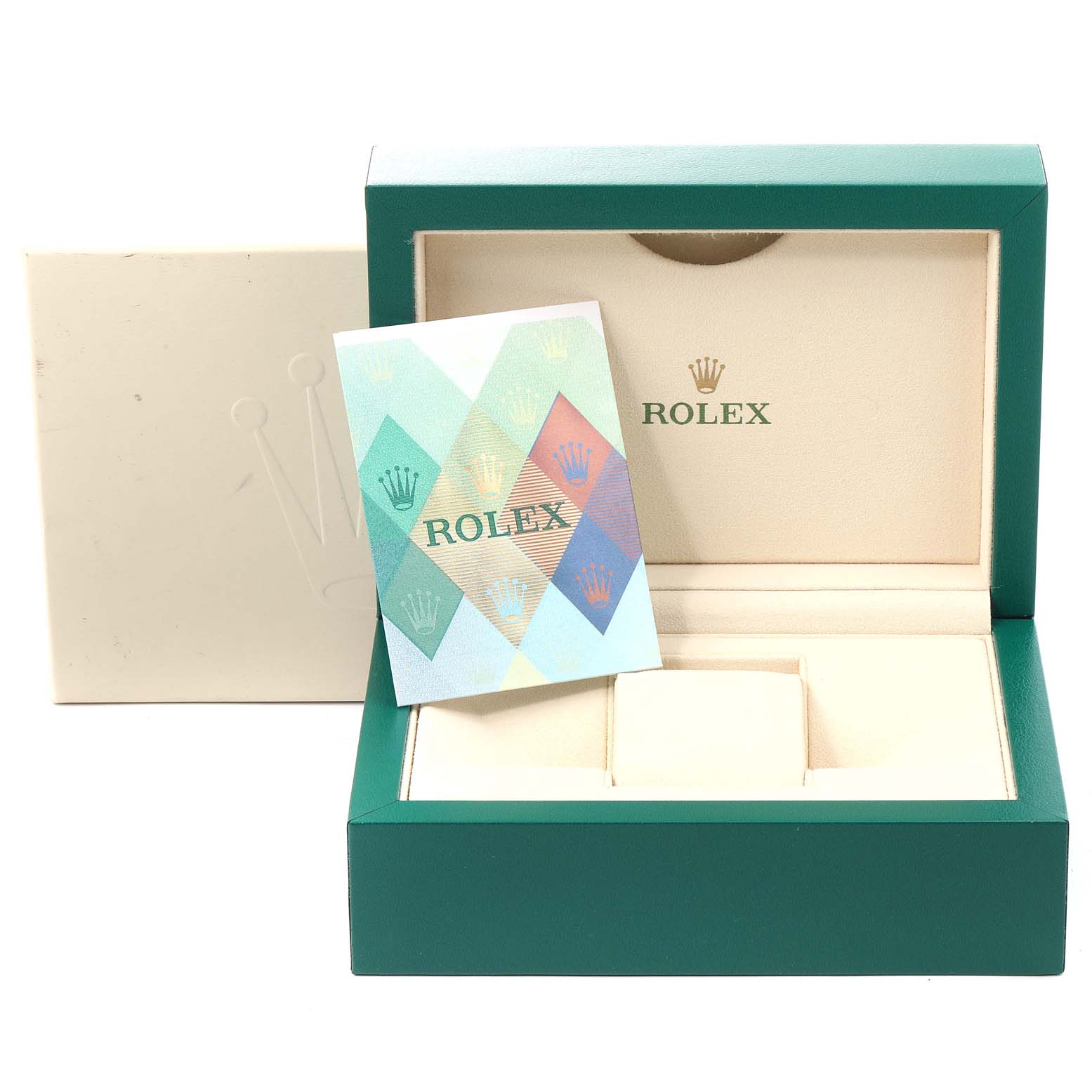 The image shows an open Rolex President 179238 Women
s Yellow Gold White Dial 179238 Women
s Yellow Gold White Dial watch box and a Rolex booklet.