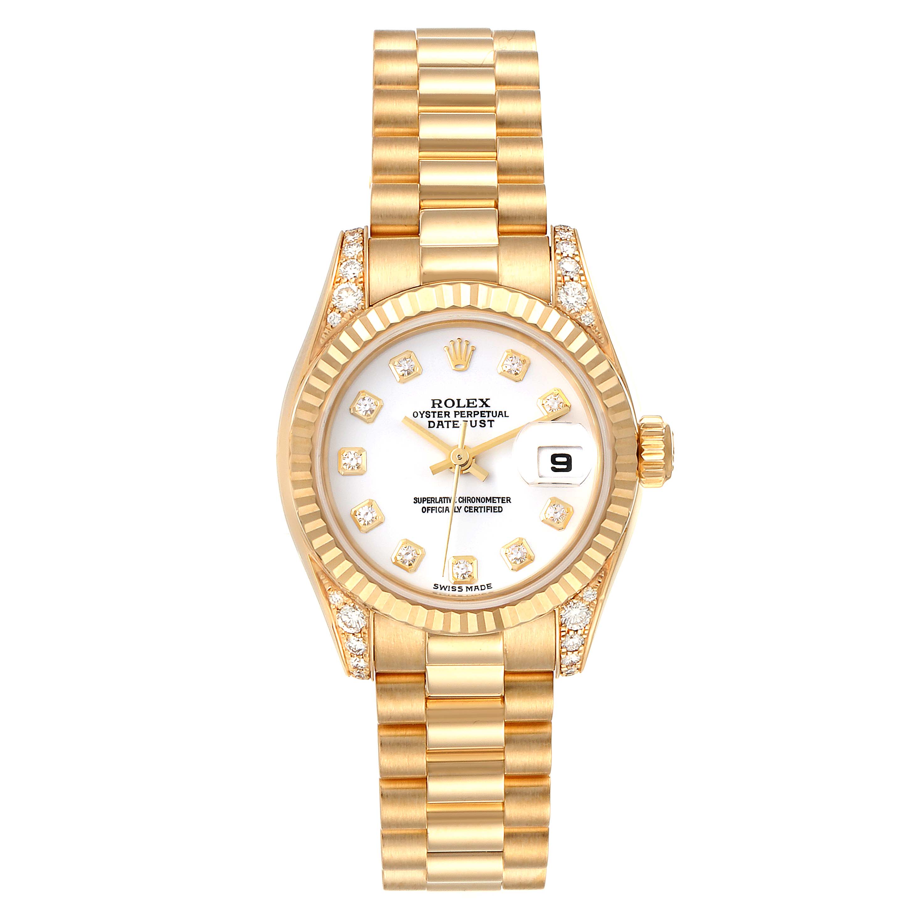 The image shows a full-frontal view of a Rolex President 179238 Women
s Yellow Gold White Dial 179238 Women
s Yellow Gold White Dial model watch, displaying the dial, band, crown, and bezel.