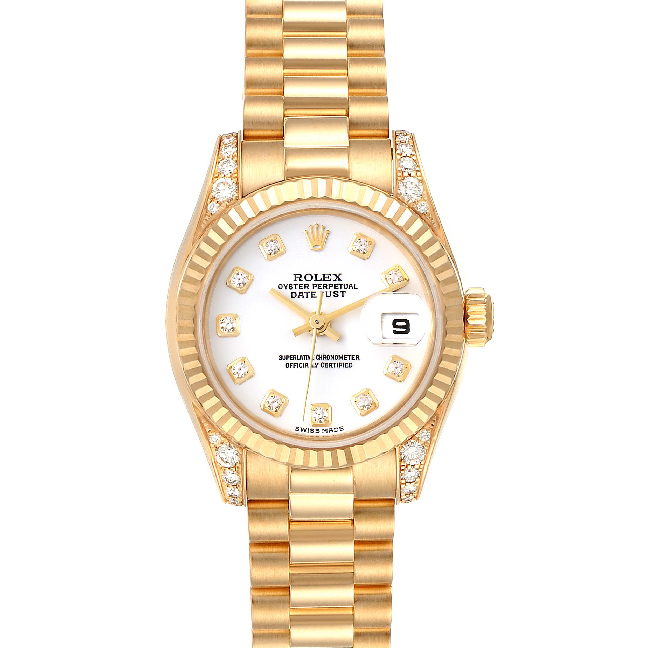 This is a front view of the Rolex President 179238 Women
s Yellow Gold White Dial 179238 Women
s Yellow Gold White Dial model, showing the dial, bezel, and bracelet.