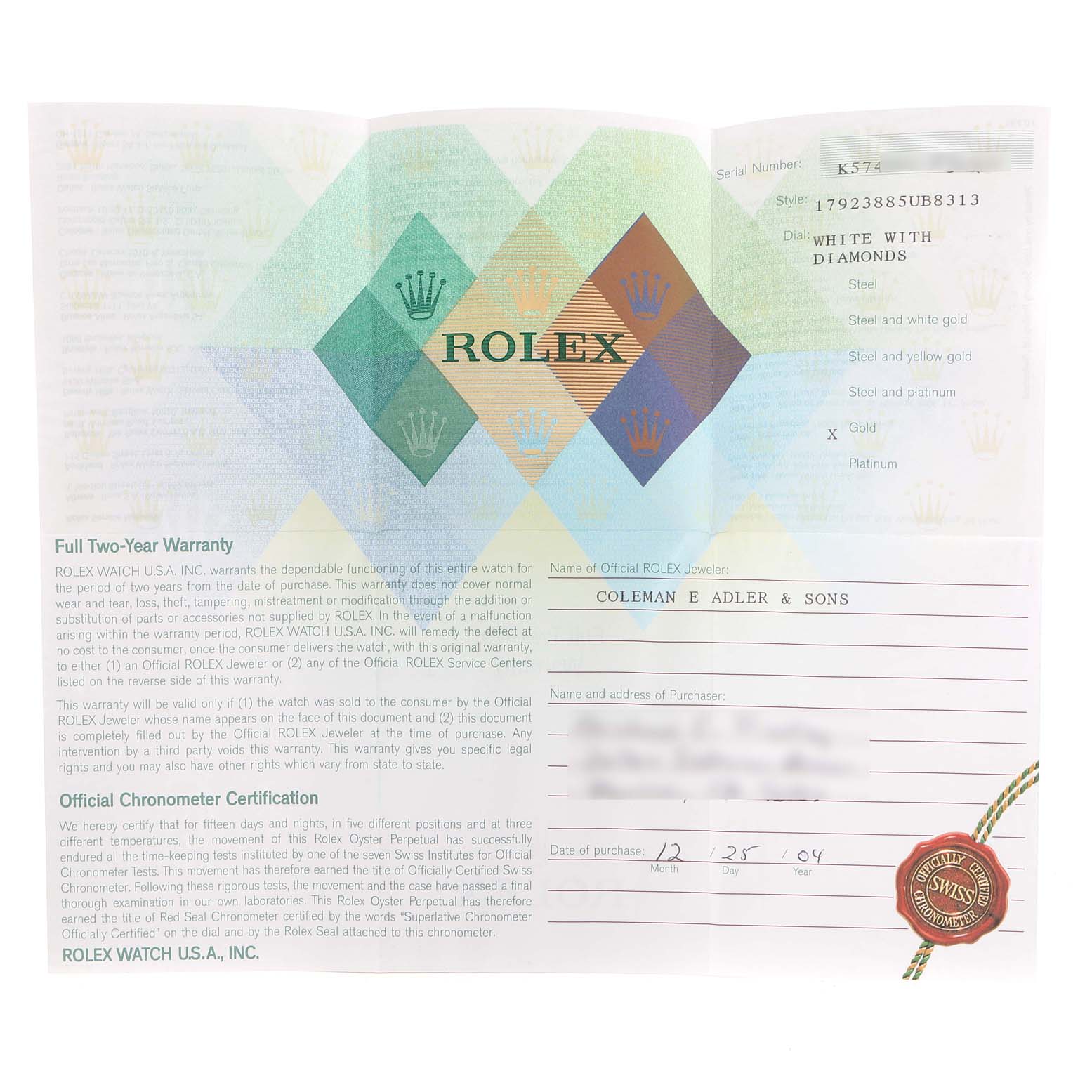 The image shows the warranty certificate for a Rolex President 179238 Women
s Yellow Gold White Dial 179238 Women
s Yellow Gold White Dial with model details and purchase information.