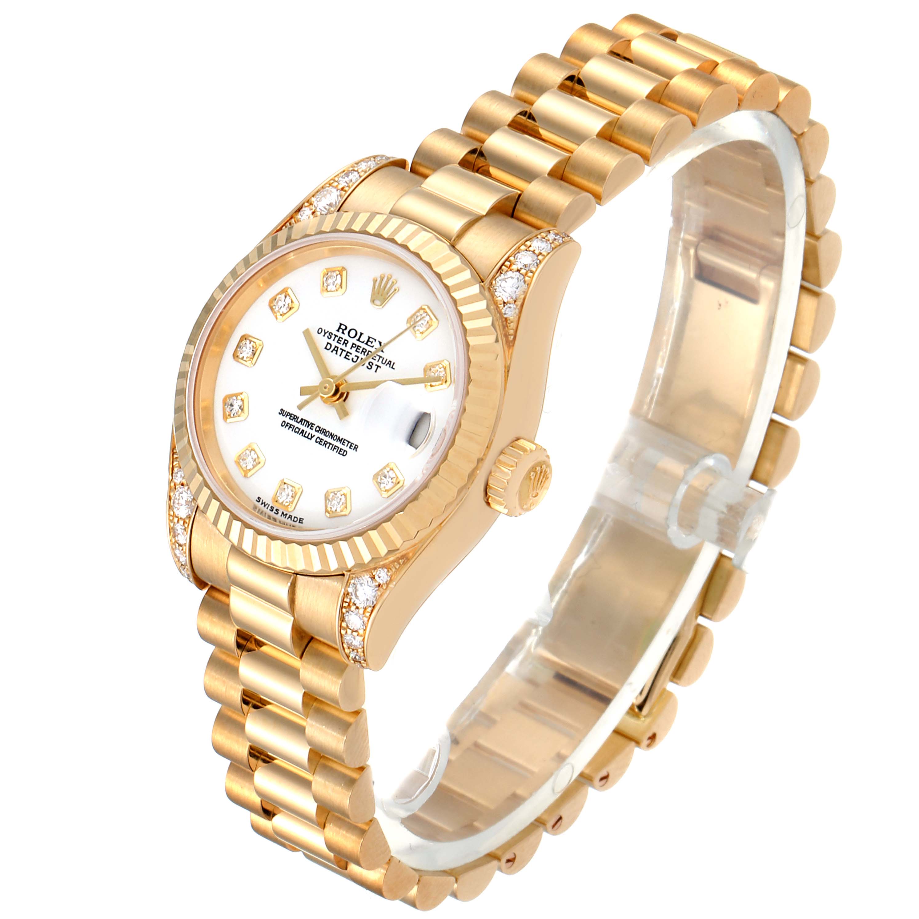 This image shows a Rolex President 179238 Women
s Yellow Gold White Dial 179238 Women
s Yellow Gold White Dial model watch at an angled view highlighting its bracelet, bezel, and dial.