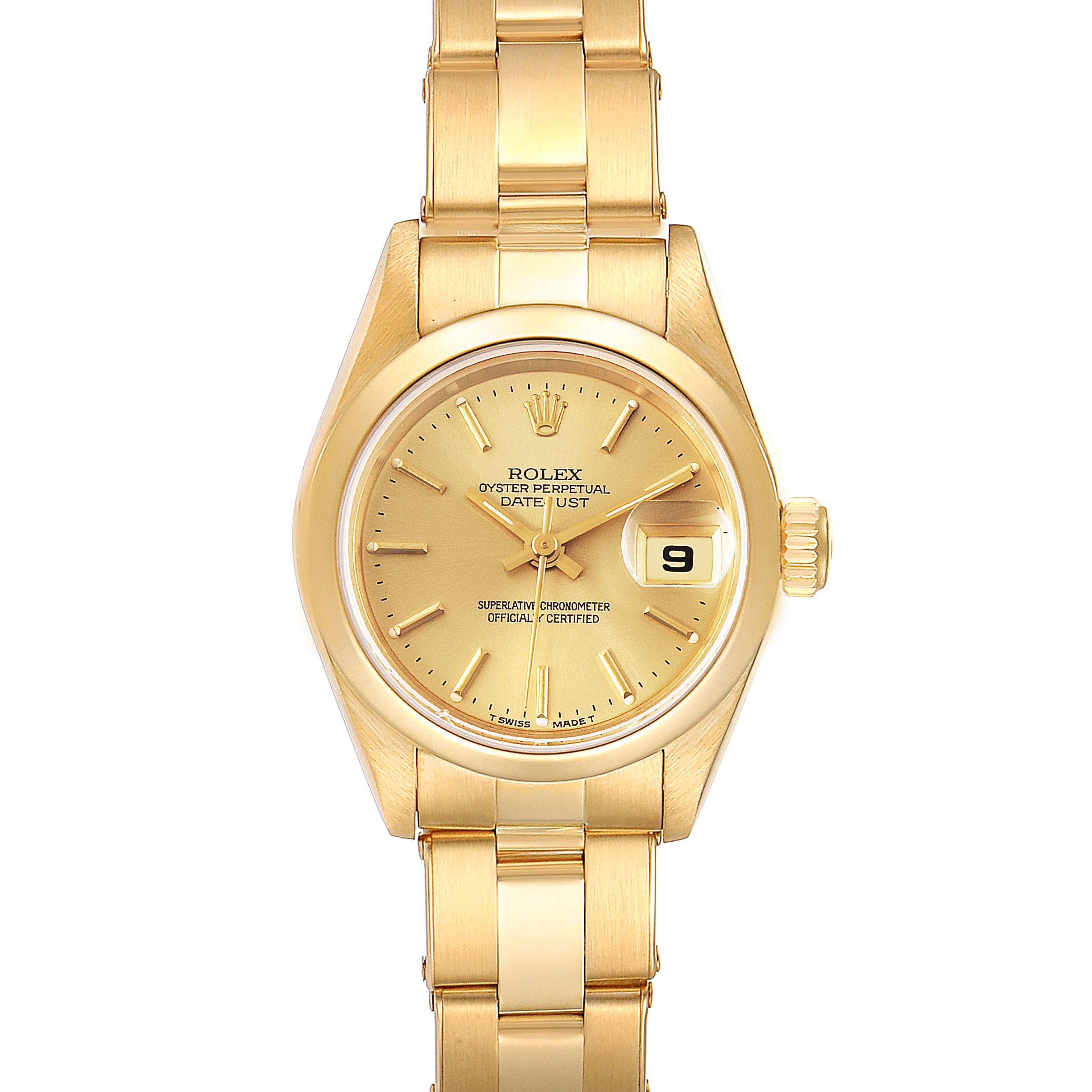 The image shows a frontal view of a Rolex President 69168 Women
s Yellow Gold Champagne Dial 69168 Women
s Yellow Gold Champagne Dial model watch, highlighting the dial, crown, and the gold bracelet.