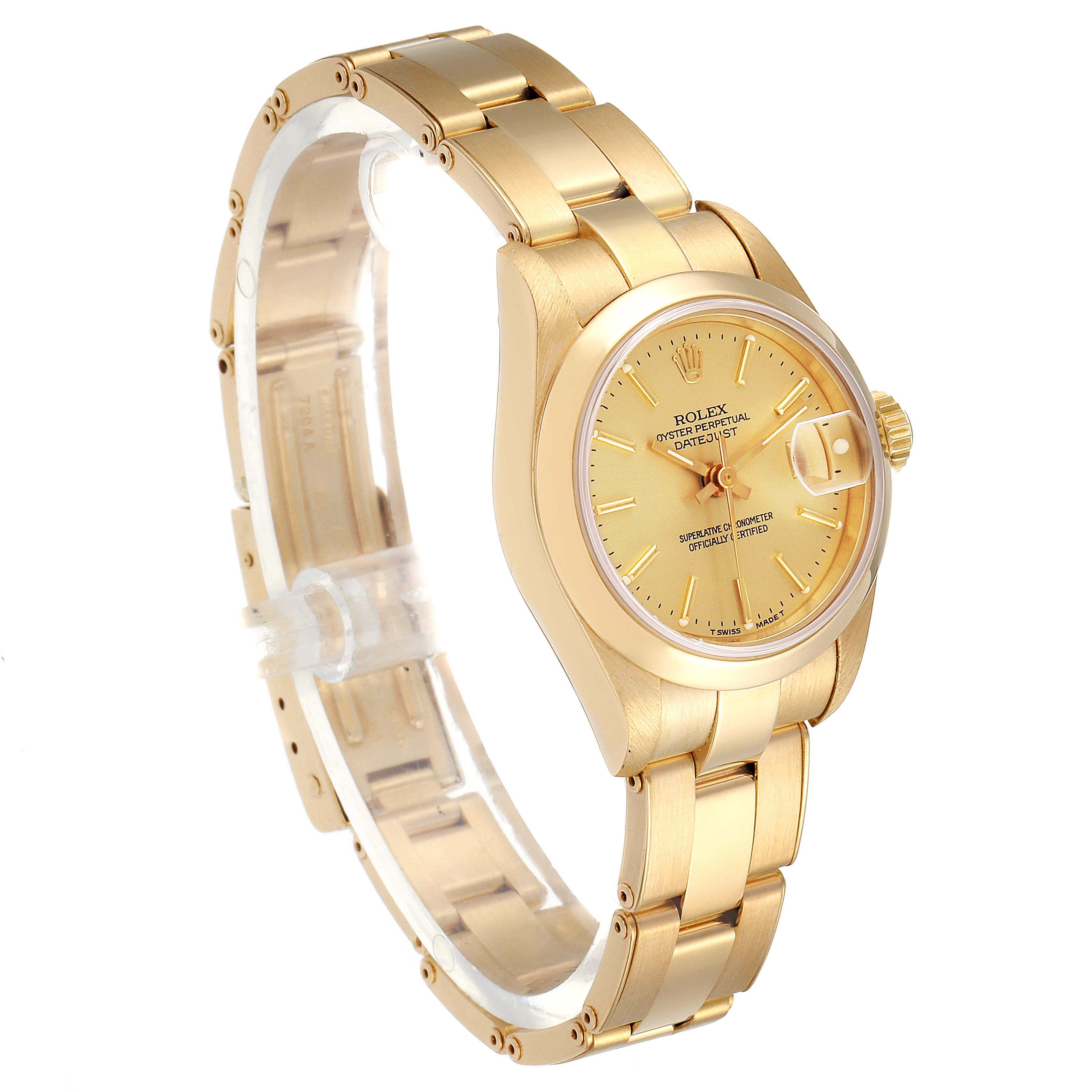 The Rolex President 69168 Women
s Yellow Gold Champagne Dial 69168 Women
s Yellow Gold Champagne Dial model watch is shown from an angled side view, displaying its gold bracelet, case, and dial.
