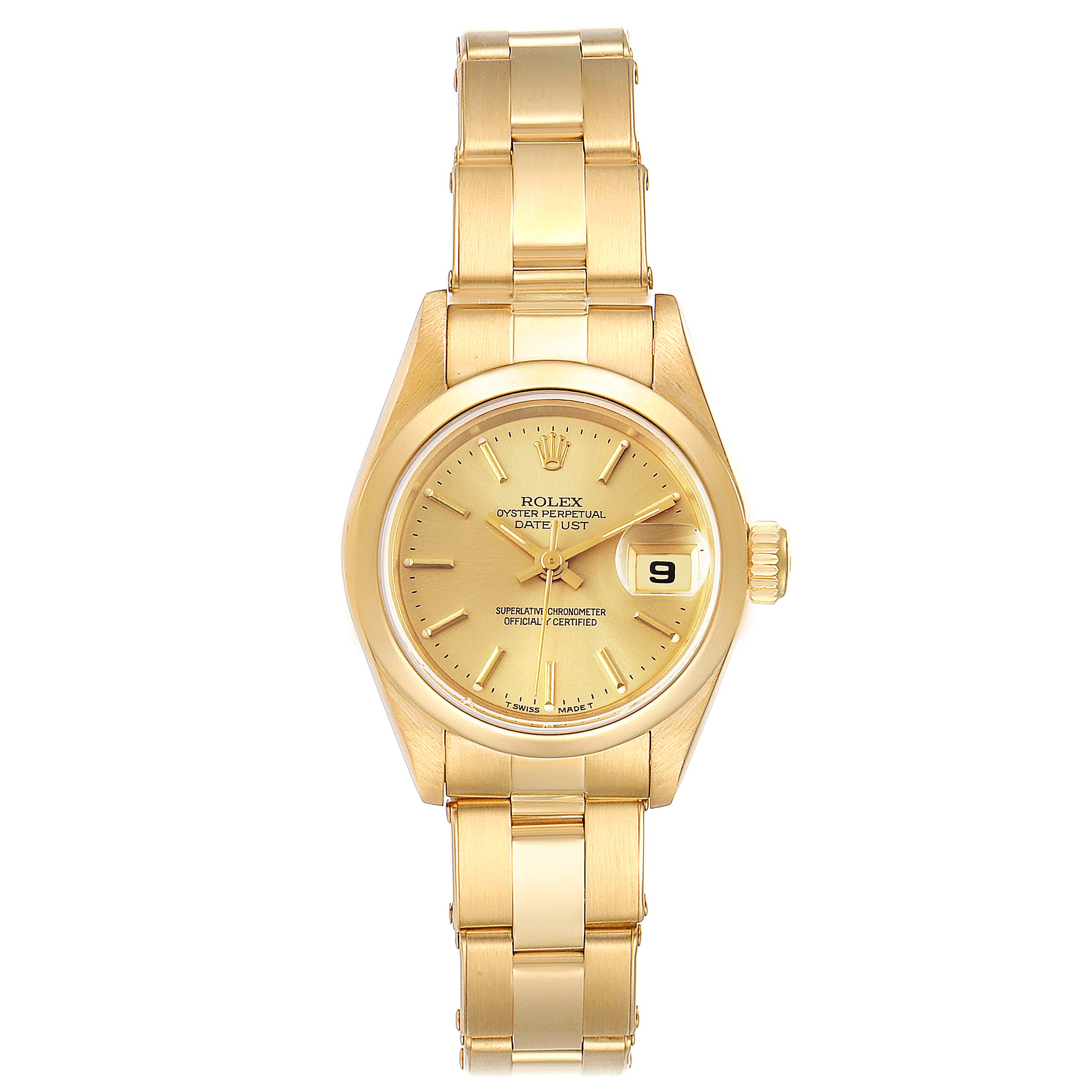 The image shows a Rolex President 69168 Women
s Yellow Gold Champagne Dial 69168 Women
s Yellow Gold Champagne Dial watch in a straight-on view, displaying its gold bracelet, dial, and date window.