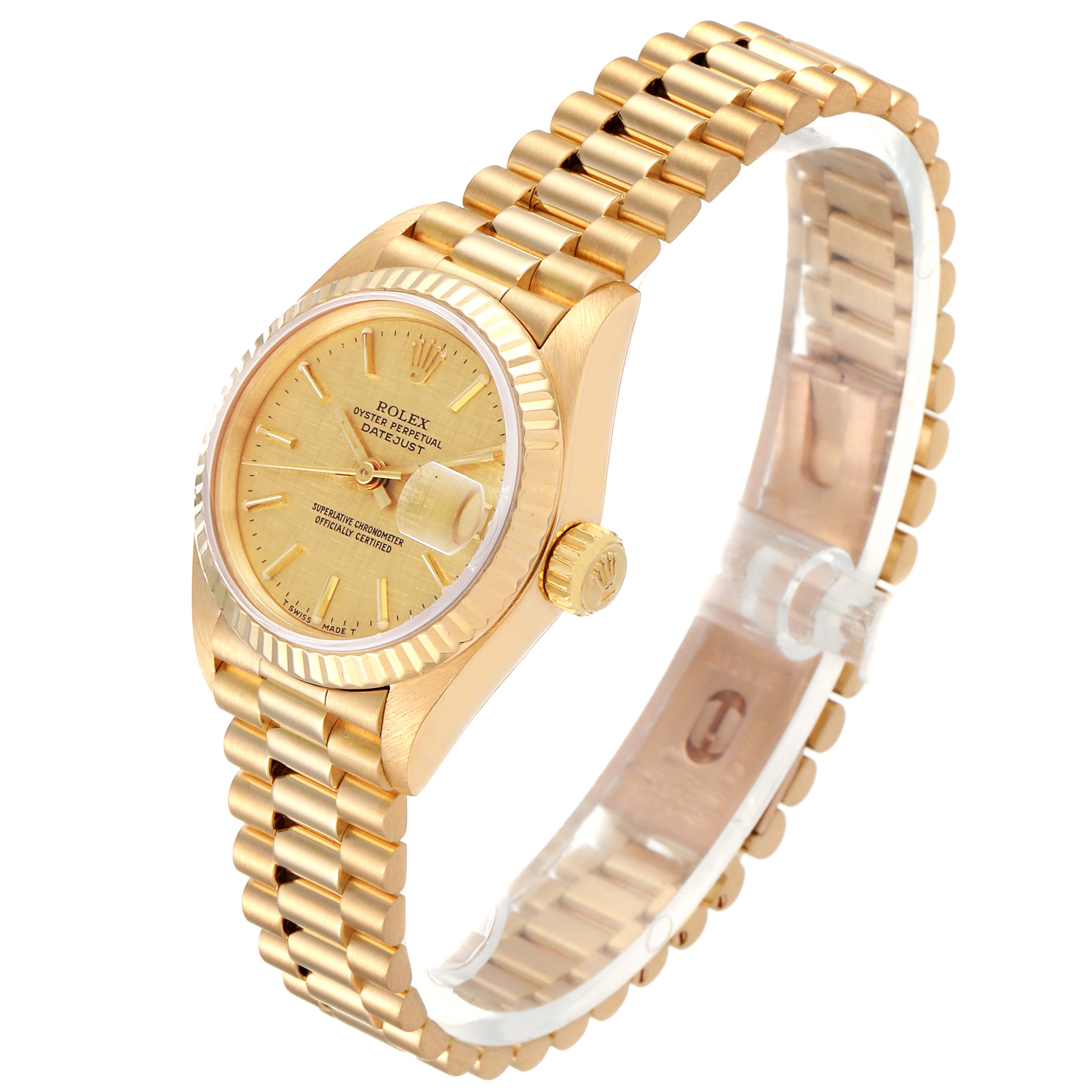 The image shows a Rolex President 69178 Women
s Yellow Gold Champagne Dial 69178 Women
s Yellow Gold Champagne Dial model watch with a gold bracelet, bezel, crown, and dial, viewed from an angled side perspective.