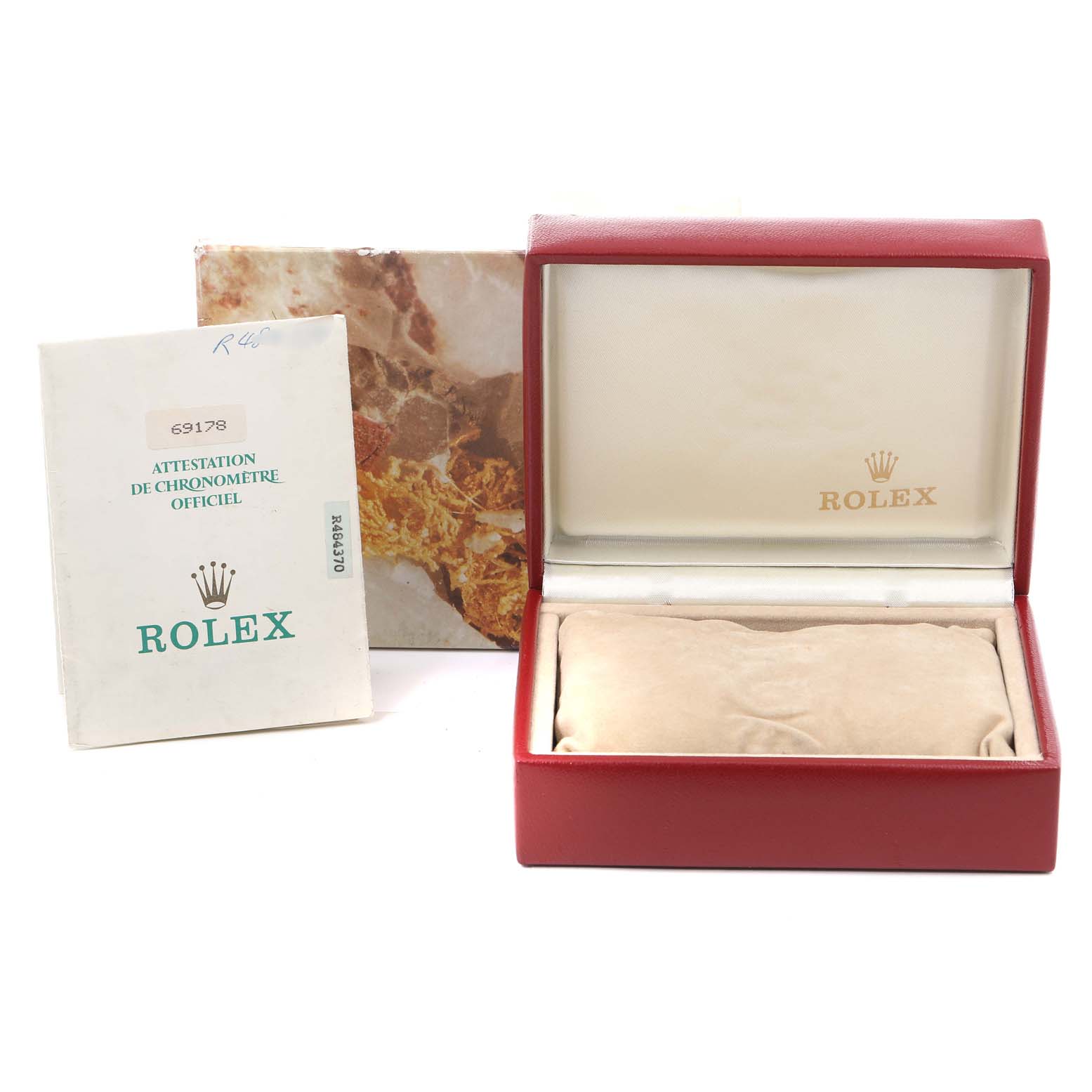 The image shows a Rolex President 69178 Women
s Yellow Gold Champagne Dial 69178 Women
s Yellow Gold Champagne Dial watch box, pillow, outer box, and an official chronometer certificate from a frontal angle.