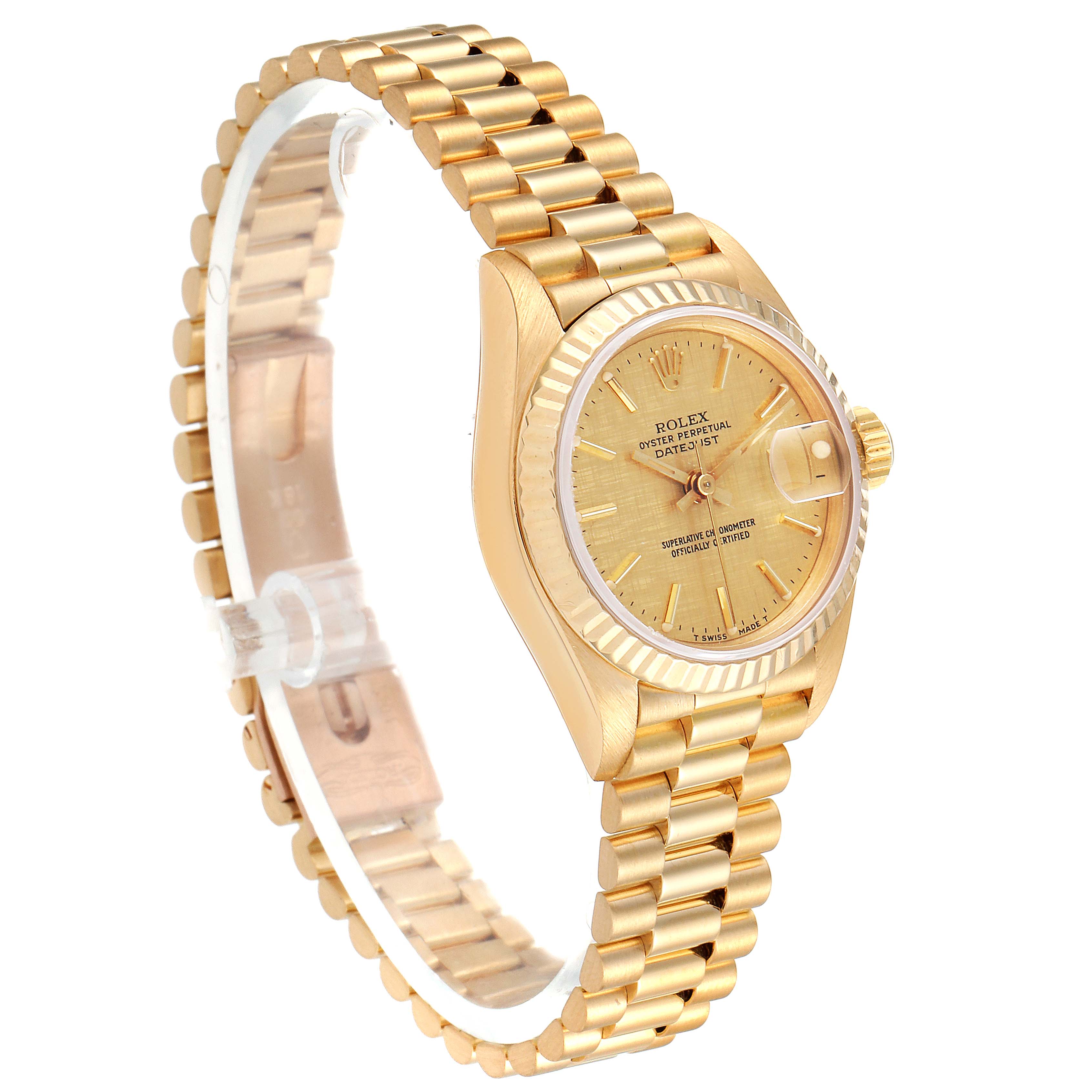 The Rolex President 69178 Women
s Yellow Gold Champagne Dial 69178 Women
s Yellow Gold Champagne Dial model watch is shown at a slight angle, displaying the face, bezel, and bracelet.