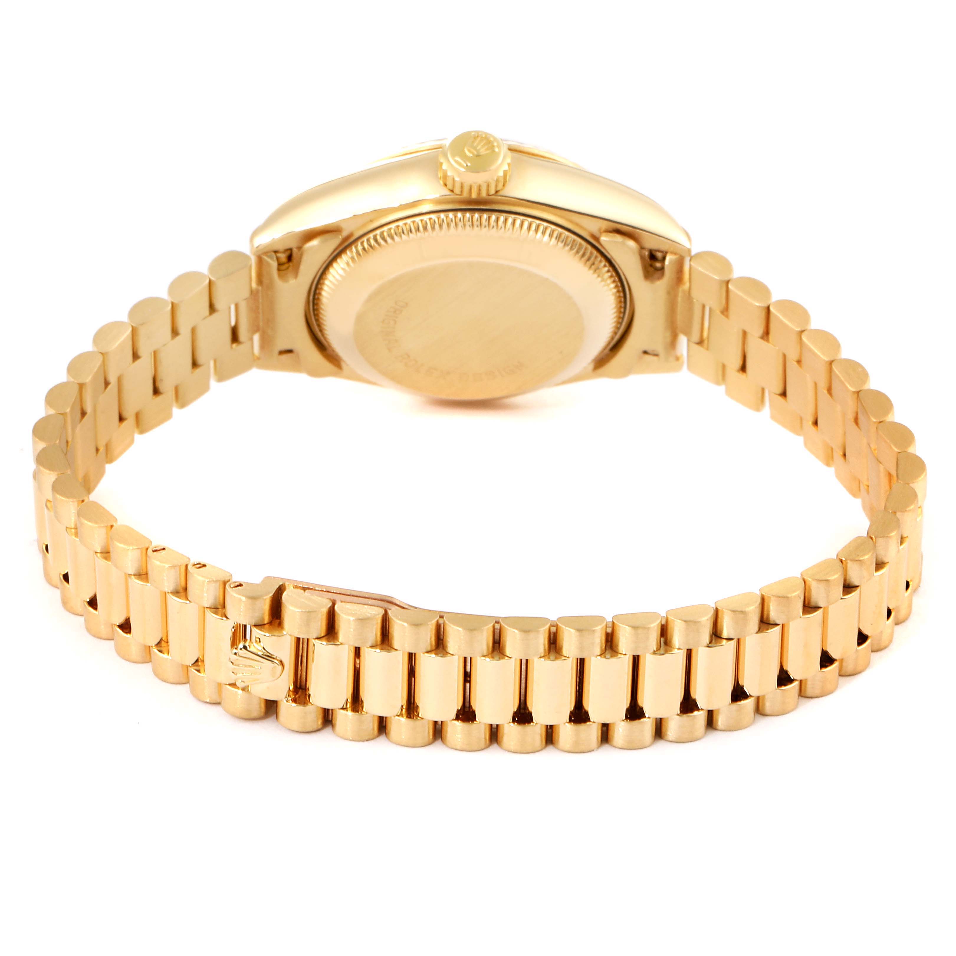 The image shows the backside and bracelet of a Rolex President 69178 Women
s Yellow Gold Champagne Dial 69178 Women
s Yellow Gold Champagne Dial model watch from a rear angle.