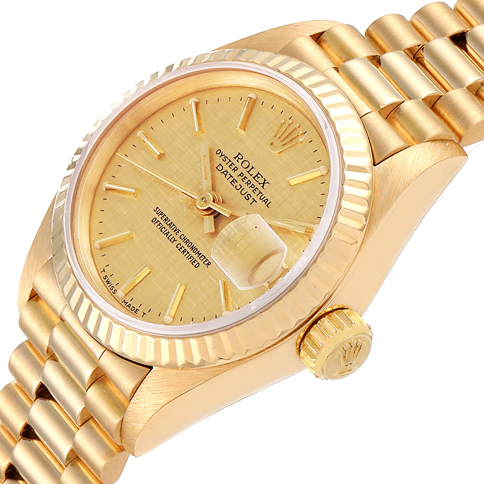 The image shows a close-up angle of a Rolex President 69178 Women
s Yellow Gold Champagne Dial 69178 Women
s Yellow Gold Champagne Dial watch, highlighting the dial, crown, and part of the gold bracelet.