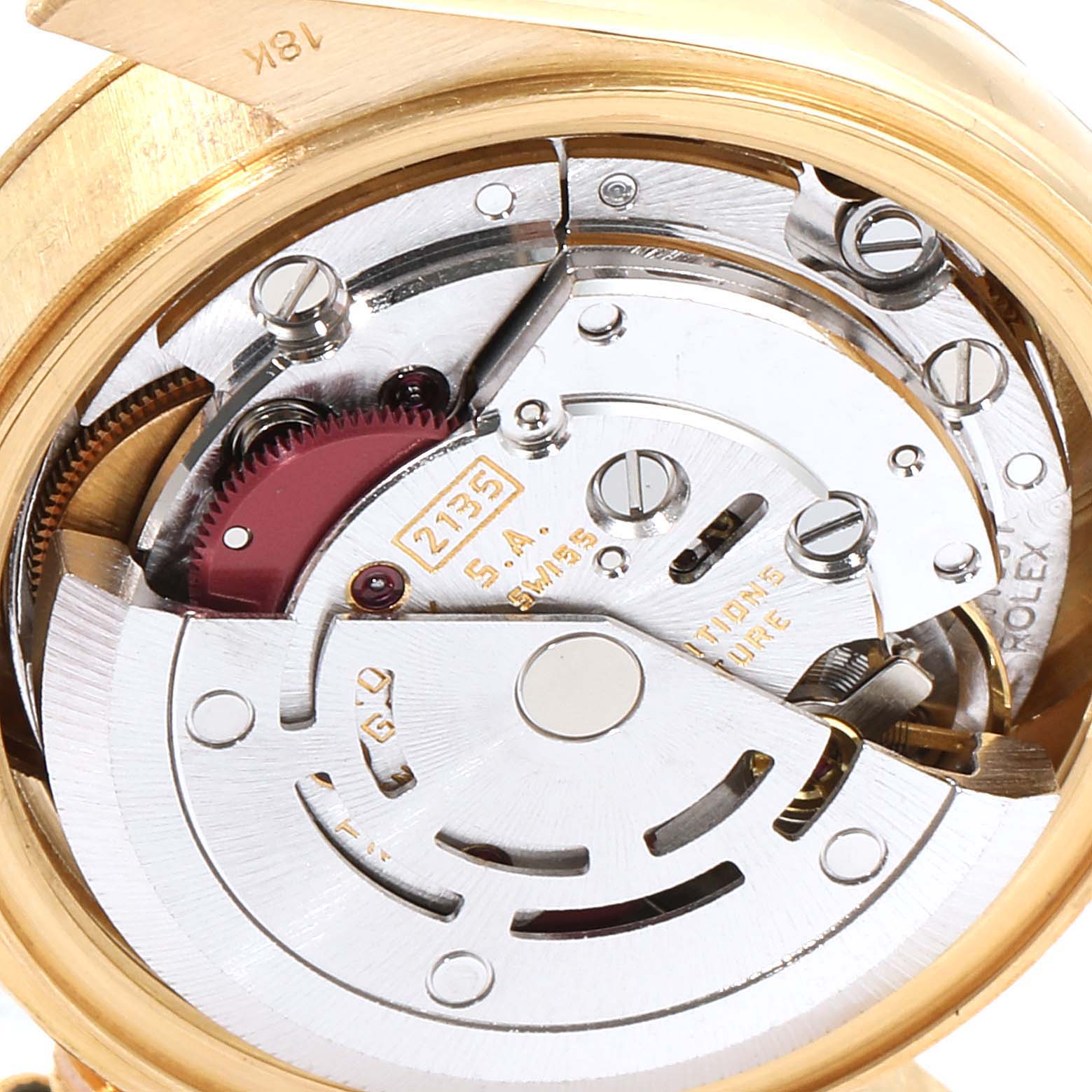 This image shows a close-up view of the movement mechanism inside a Rolex President 69178 Women
s Yellow Gold Champagne Dial 69178 Women
s Yellow Gold Champagne Dial model watch.