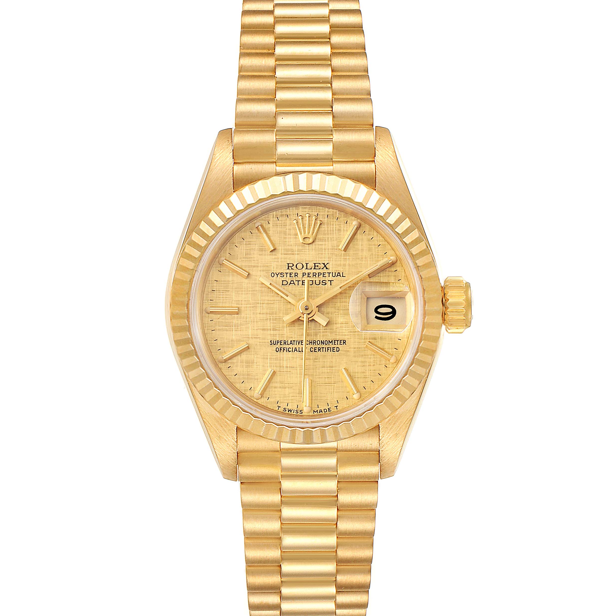 The image shows the Rolex President 69178 Women
s Yellow Gold Champagne Dial 69178 Women
s Yellow Gold Champagne Dial model watch from the front, including the dial, bezel, crown, and bracelet.