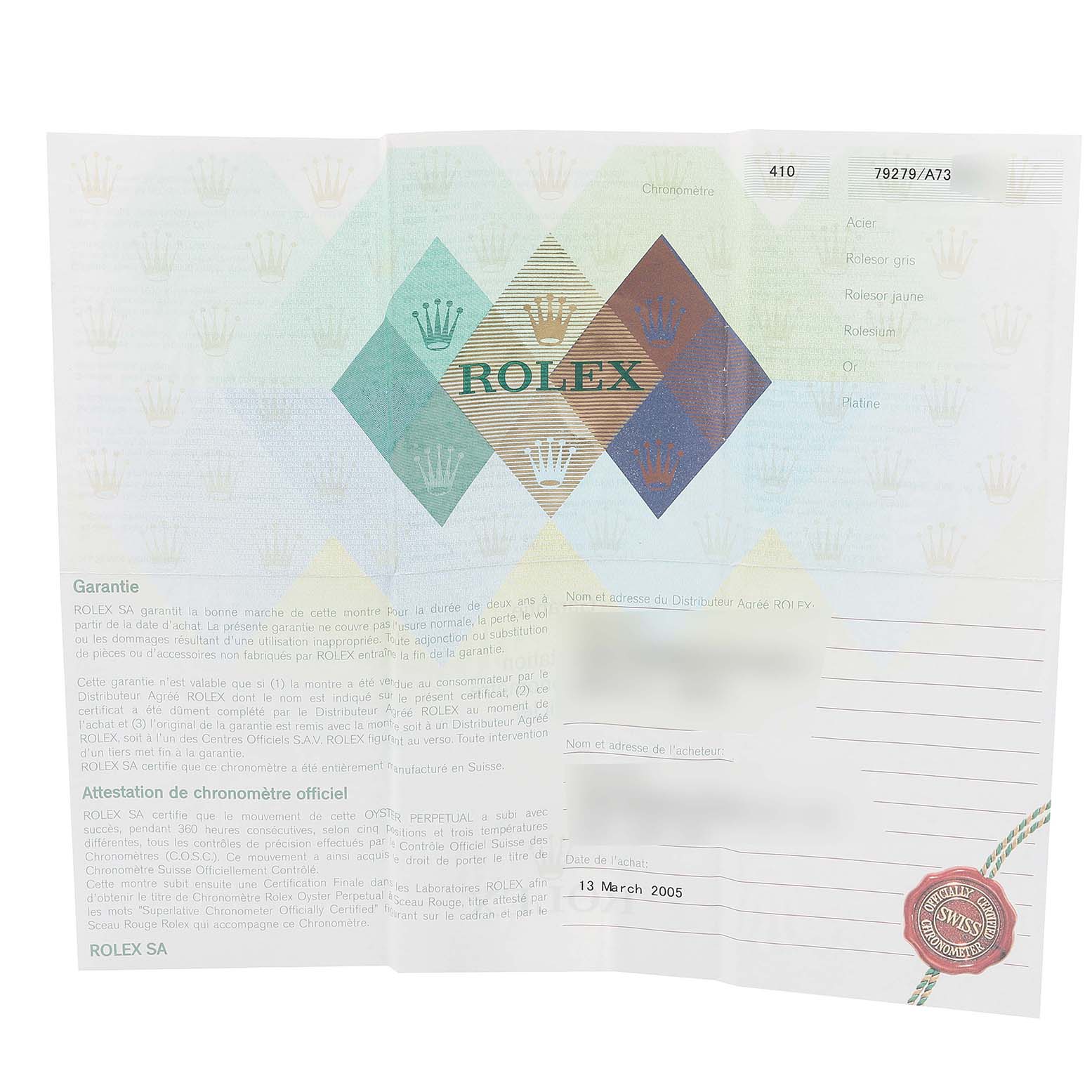 This image shows the warranty certificate of a Rolex President 79279 Women's White Gold Pink Dial 79279 Women's White Gold Pink Dial model watch.