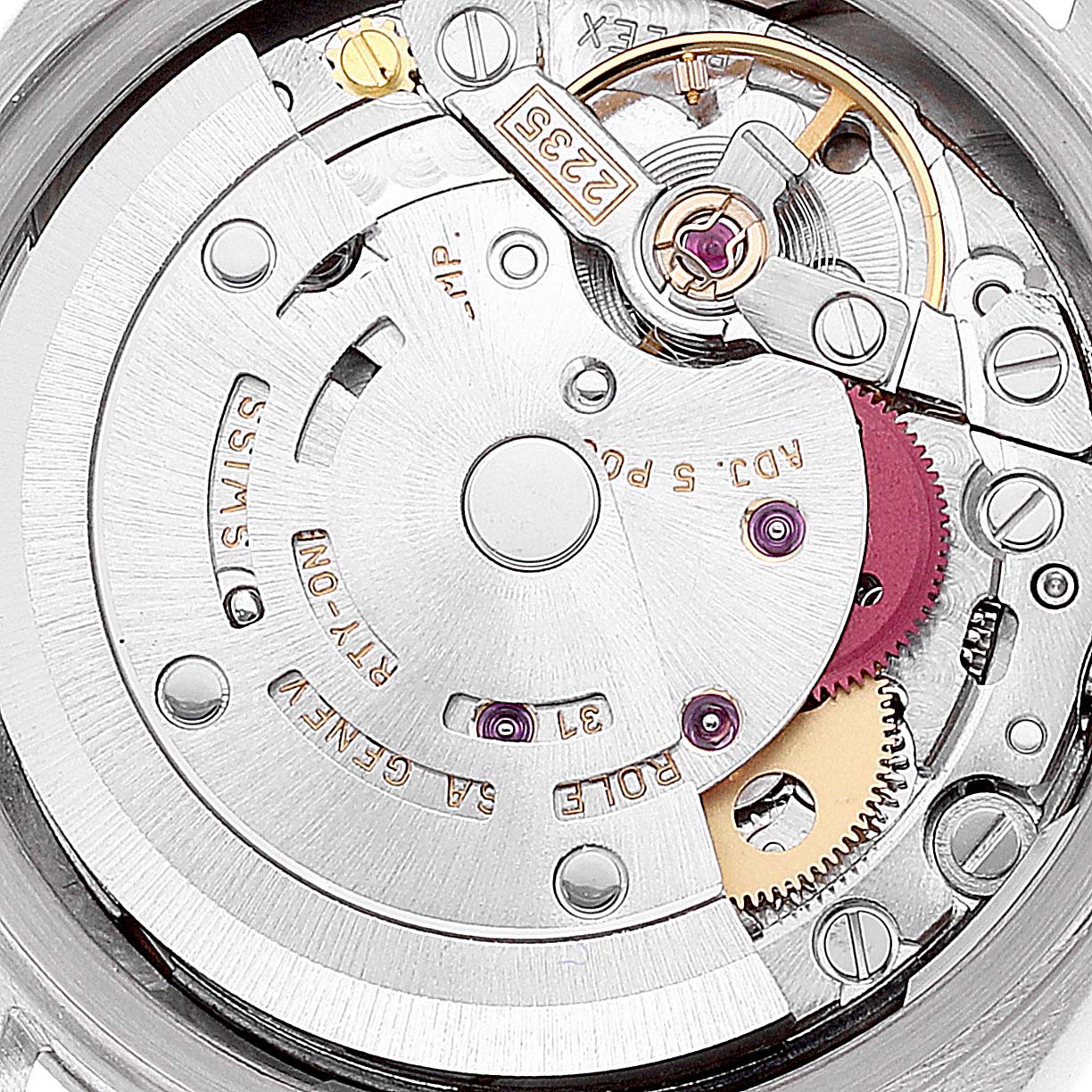 This image shows the intricate movement and internal mechanism of a Rolex President 79279 Women's White Gold Pink Dial 79279 Women's White Gold Pink Dial model watch from an interior angle.
